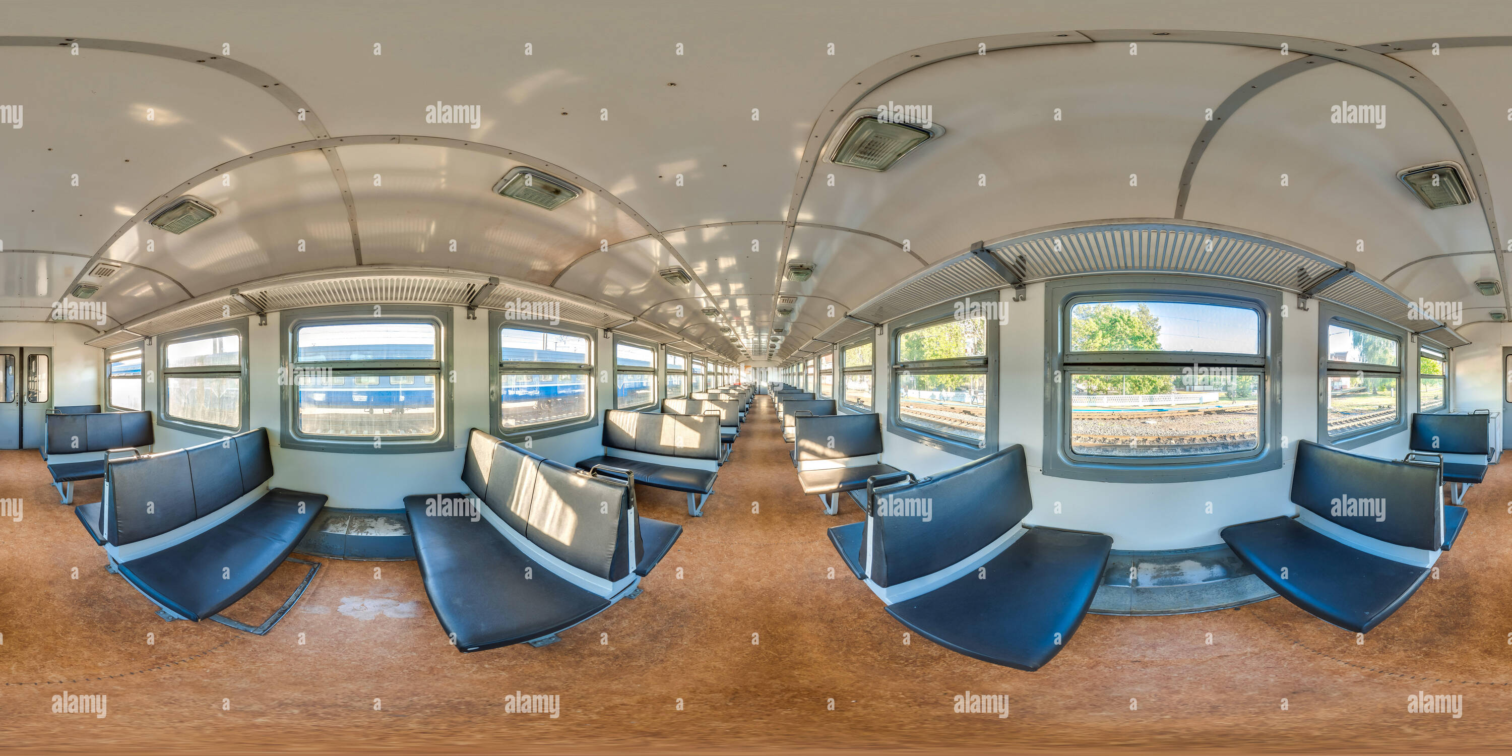360 degree panoramic view of 3D spherical panorama with 360 viewing angle. Ready for virtual reality or VR. Full equirectangular projection. Interior of train with seating econom
