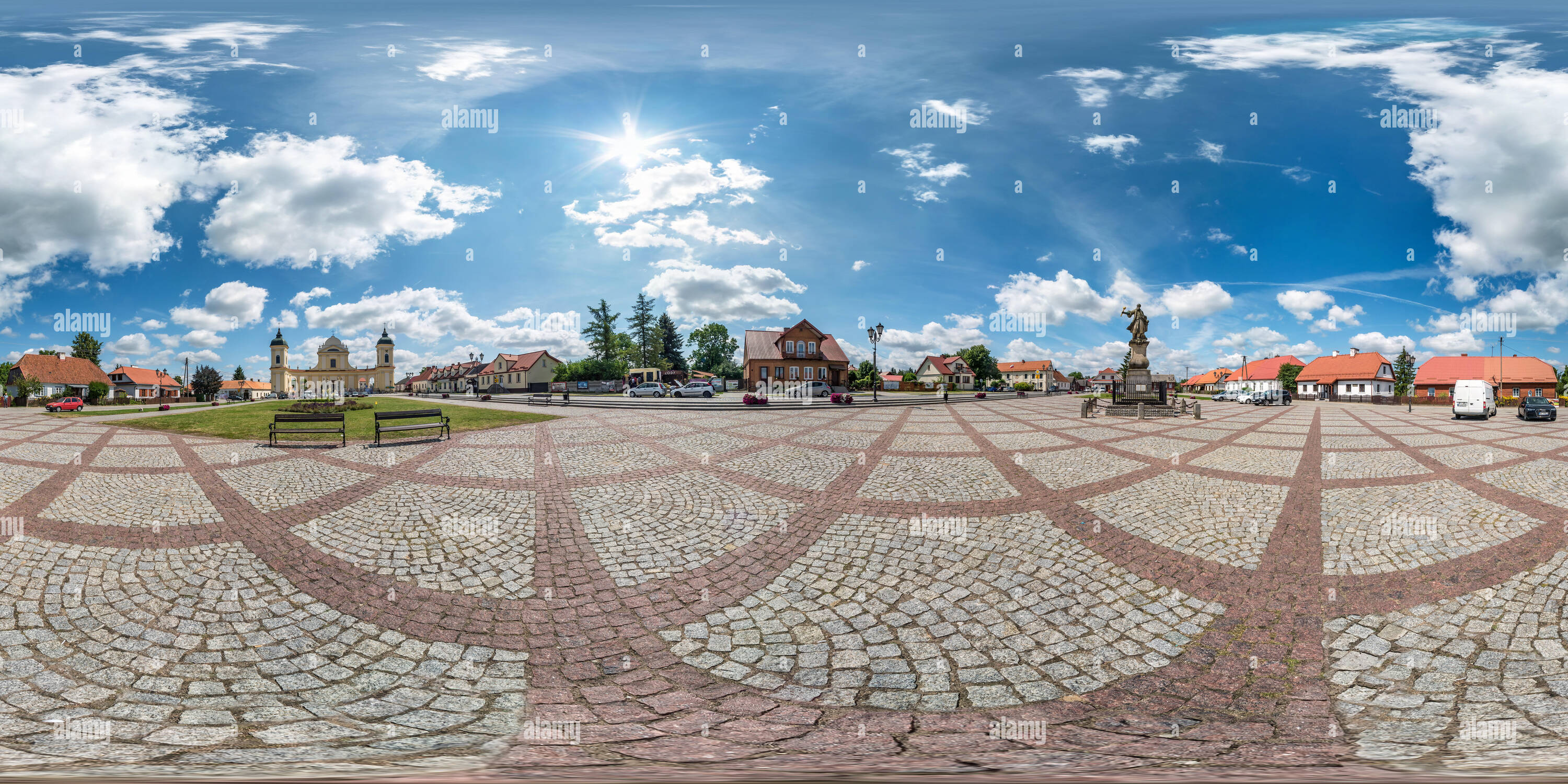 360 degree panoramic view of TYKOCIN, POLAND - JULY, 2019: Full seamless spherical hdri panorama 360 degrees angle view in medieval pedestrian street place of old town in equirect