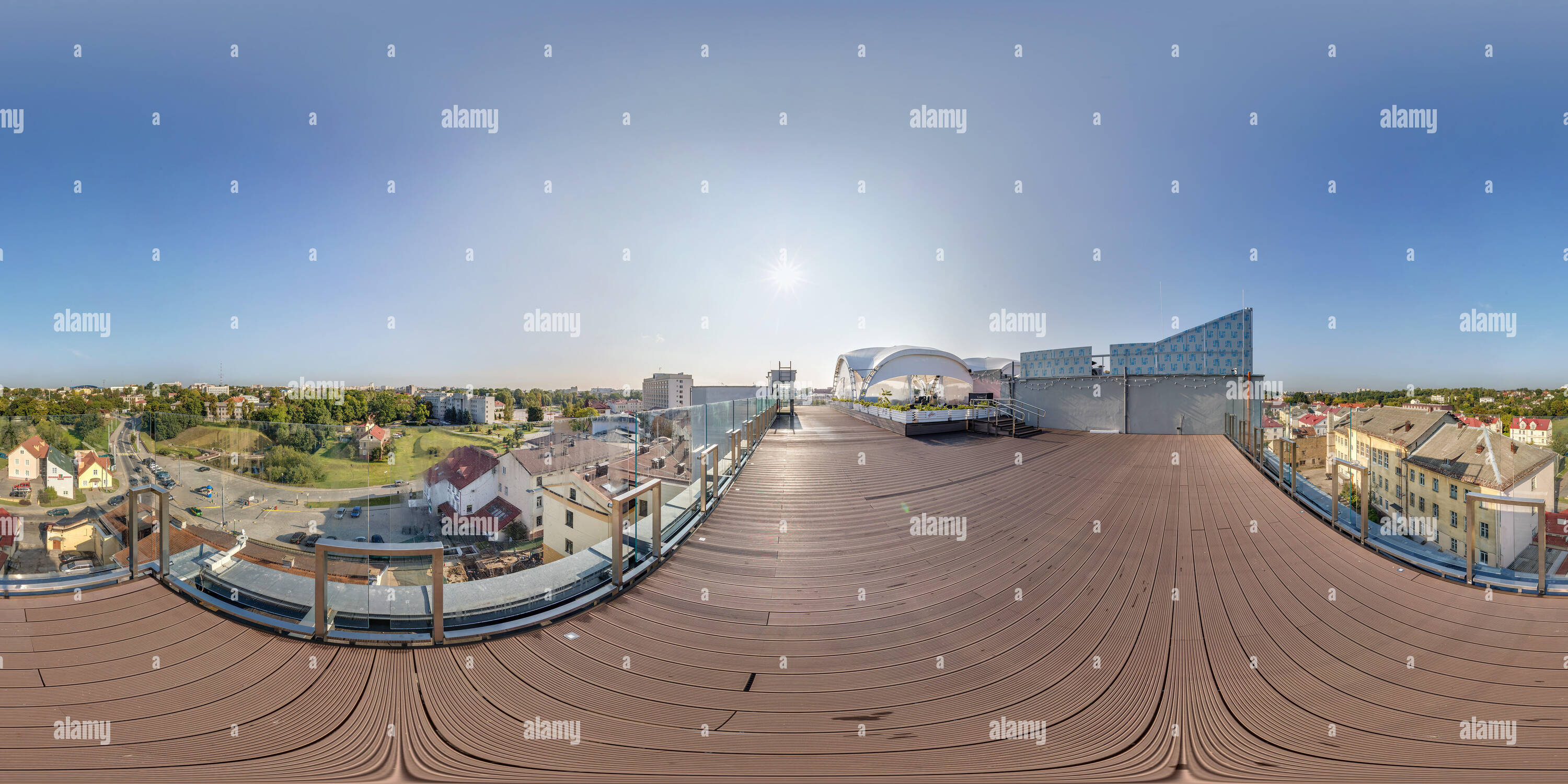 360 degree panoramic view of GRODNO, BELARUS - AUGUST, 2018: full seamless spherical hdri panorama 360 degrees angle view in cafe under canopy on roof of building overlooking old