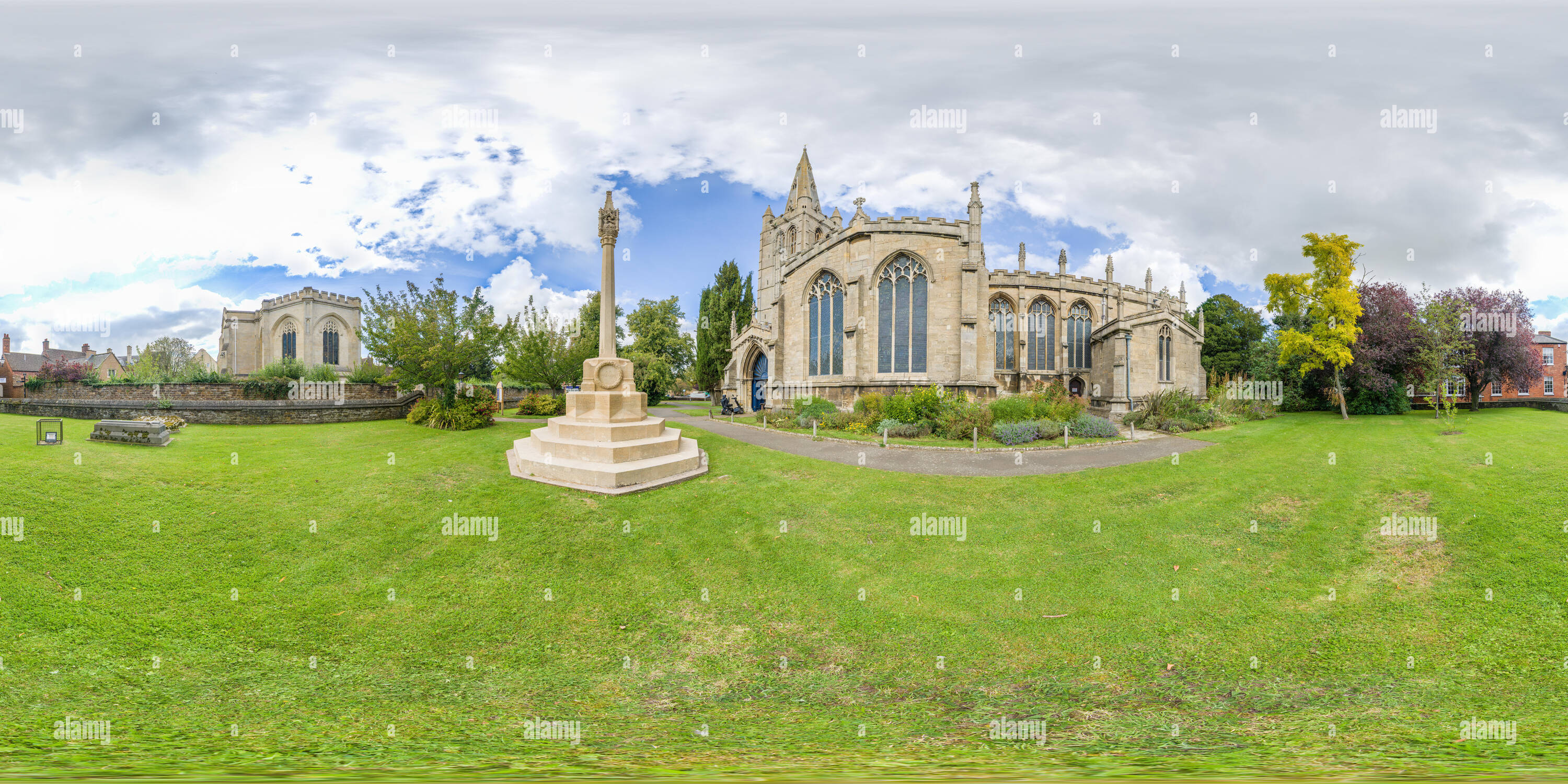 360 degree panoramic view of World war I cenotaph at All Saints church, Oakham, Rutland, England, with the chapel of Oakham public (private, fee-paying) school next to it.