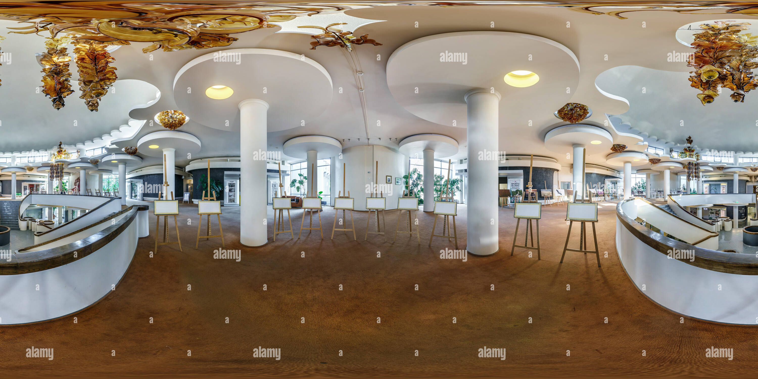 360 degree panoramic view of DRUSKENINKAI, Lithuania - AUGUST 2019: Full spherical seamless hdri panorama 360 degrees inside interior of room with empty easels in equirectangular