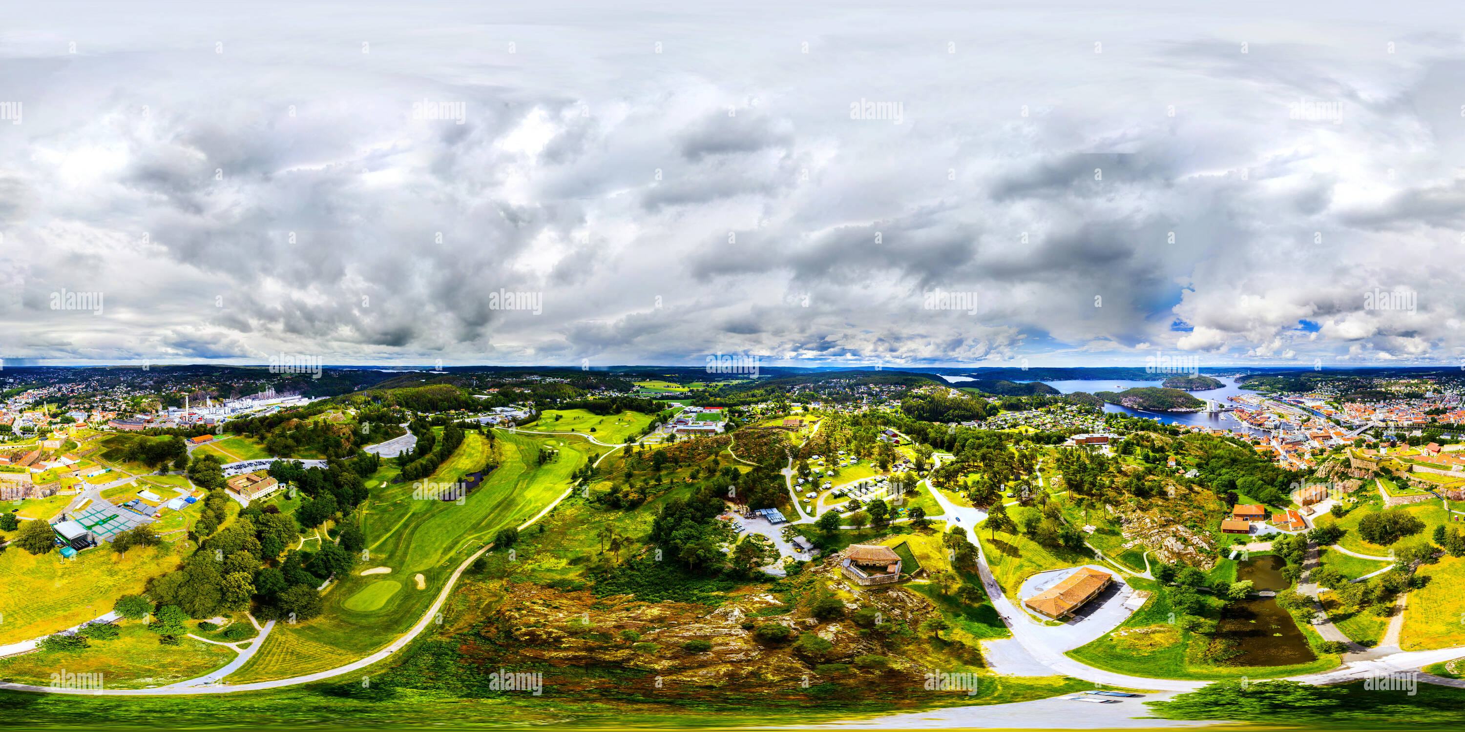 360 degree panoramic view of Halden, Norway. Aerial view of the Fredriksted fortress in Halden, Norway with city at the background. View of fortress during a cloudy summer