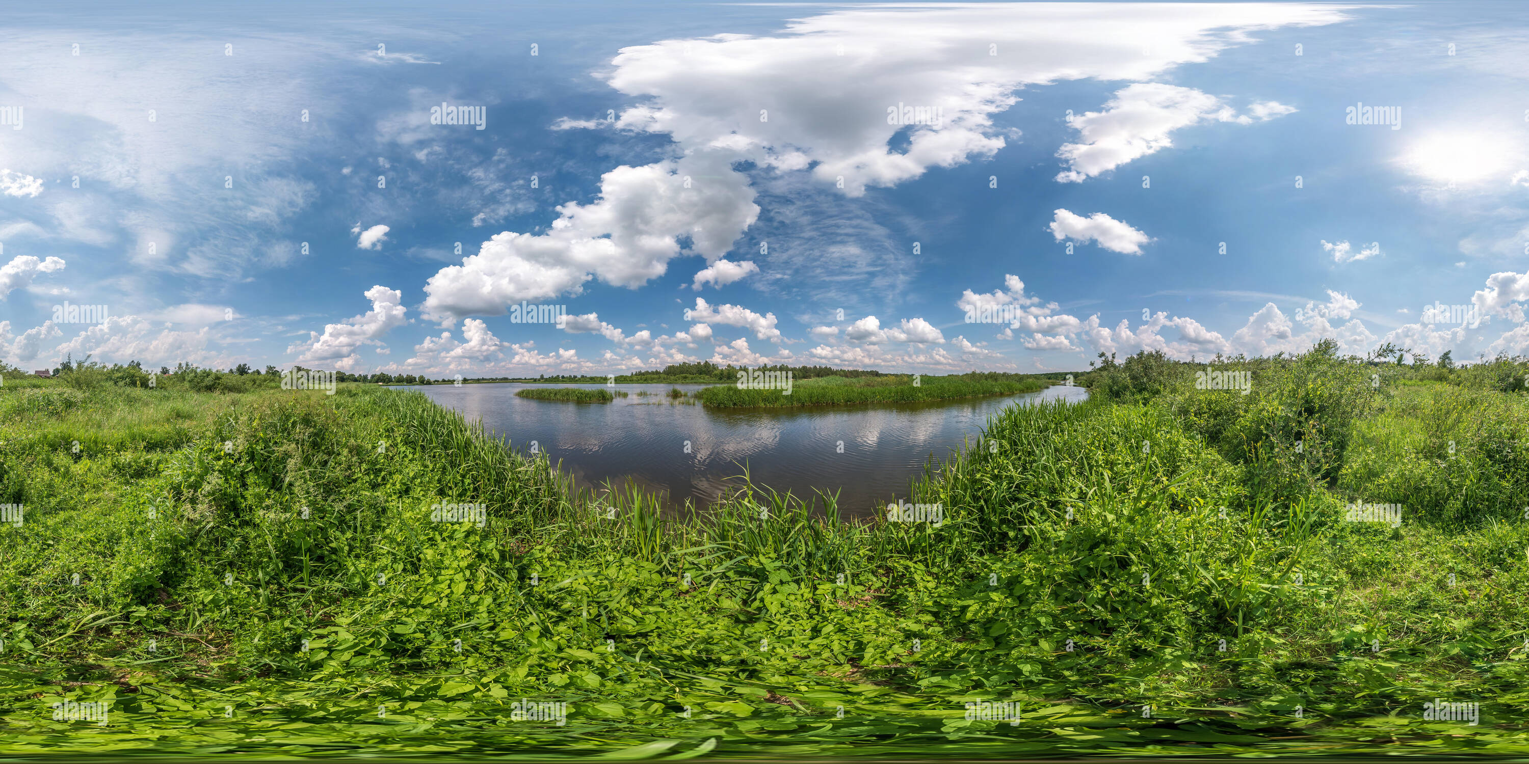 360 degree panoramic view of full seamless spherical hdri panorama 360 degrees angle view on grass coast of huge lake or river in sunny summer day and windy weather with beautiful