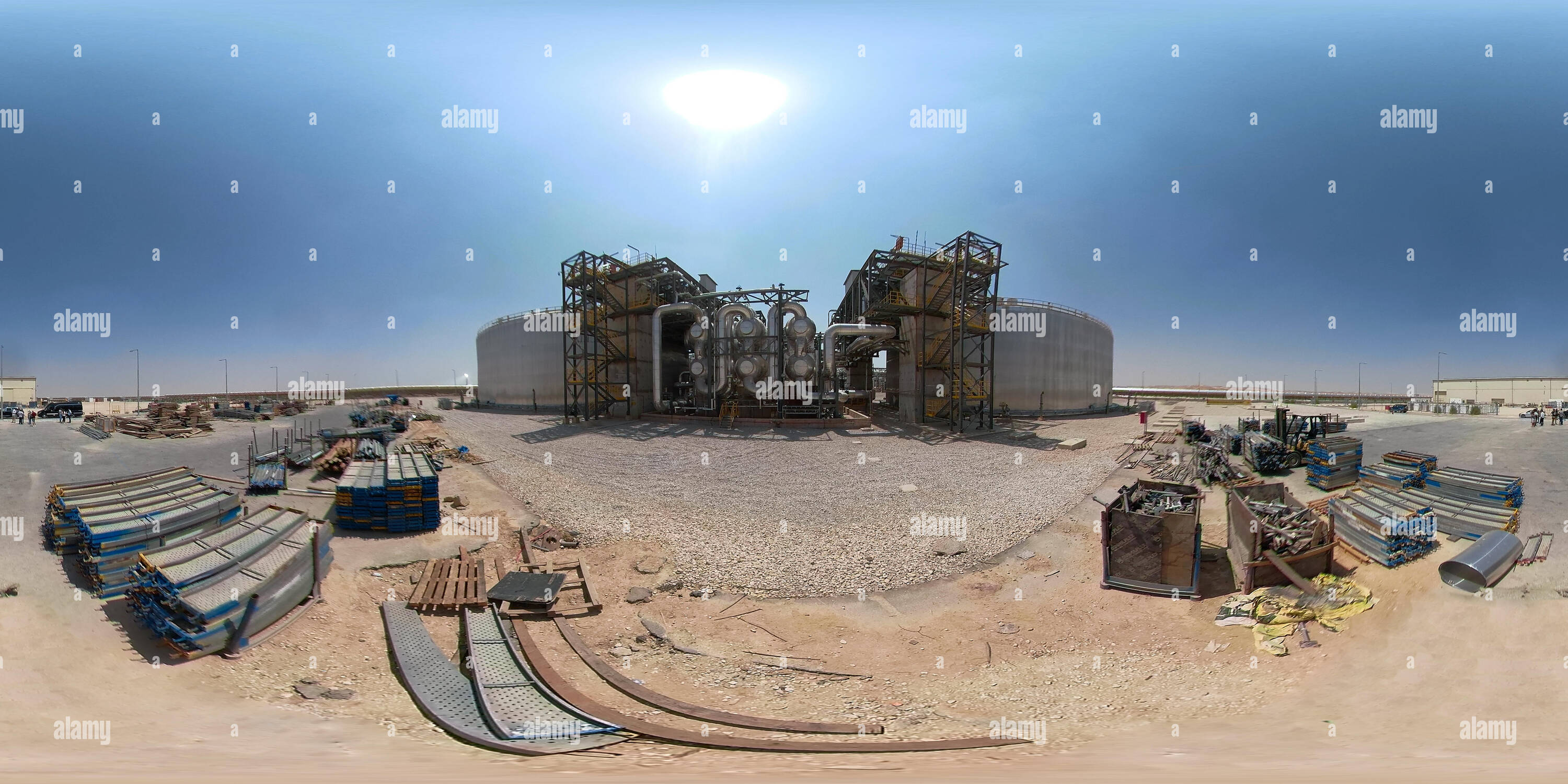 360 degree panoramic view of Heat exchange plant for melting nitrate salts serving as energy storage for generating electricity at night at Ashalim solar power plant in the Israel