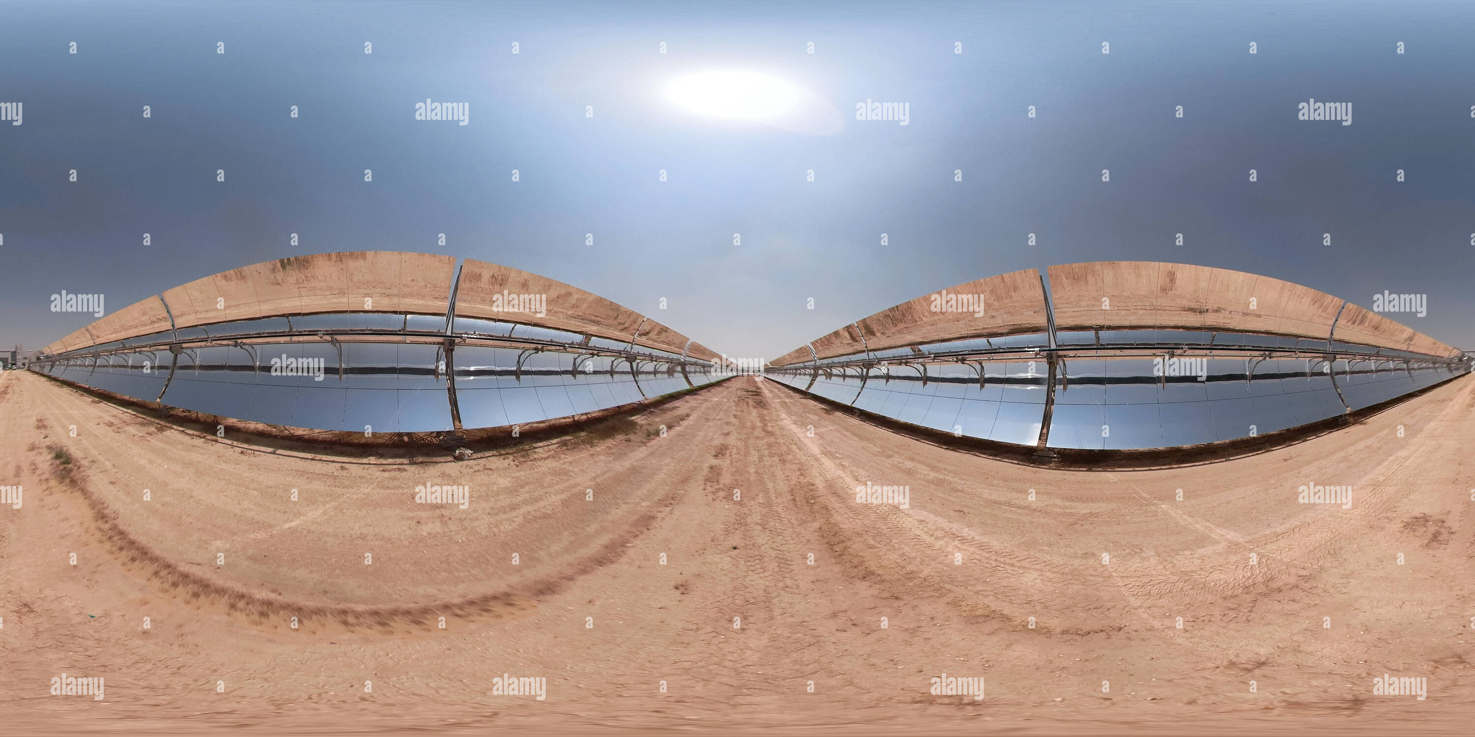 360 degree panoramic view of Parabolic solar mirrors in Ashalim power plant during the inauguration of a huge solar power plant in the Israeli Negev desert. . 360 photo vr panoram