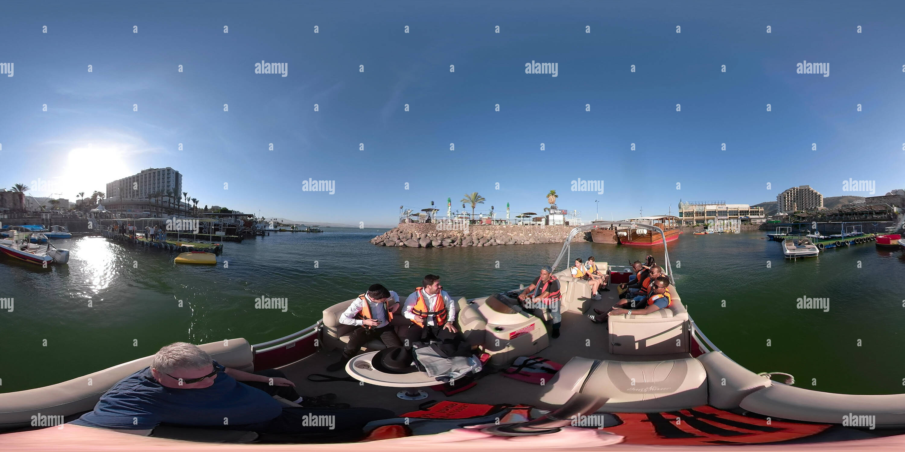 360° view of Sailing a tourist boat in Tiberias, Israel, 360VR photo  panorama. 360 photo vr panorama 2:1 aspect ratio for VR apps - Alamy