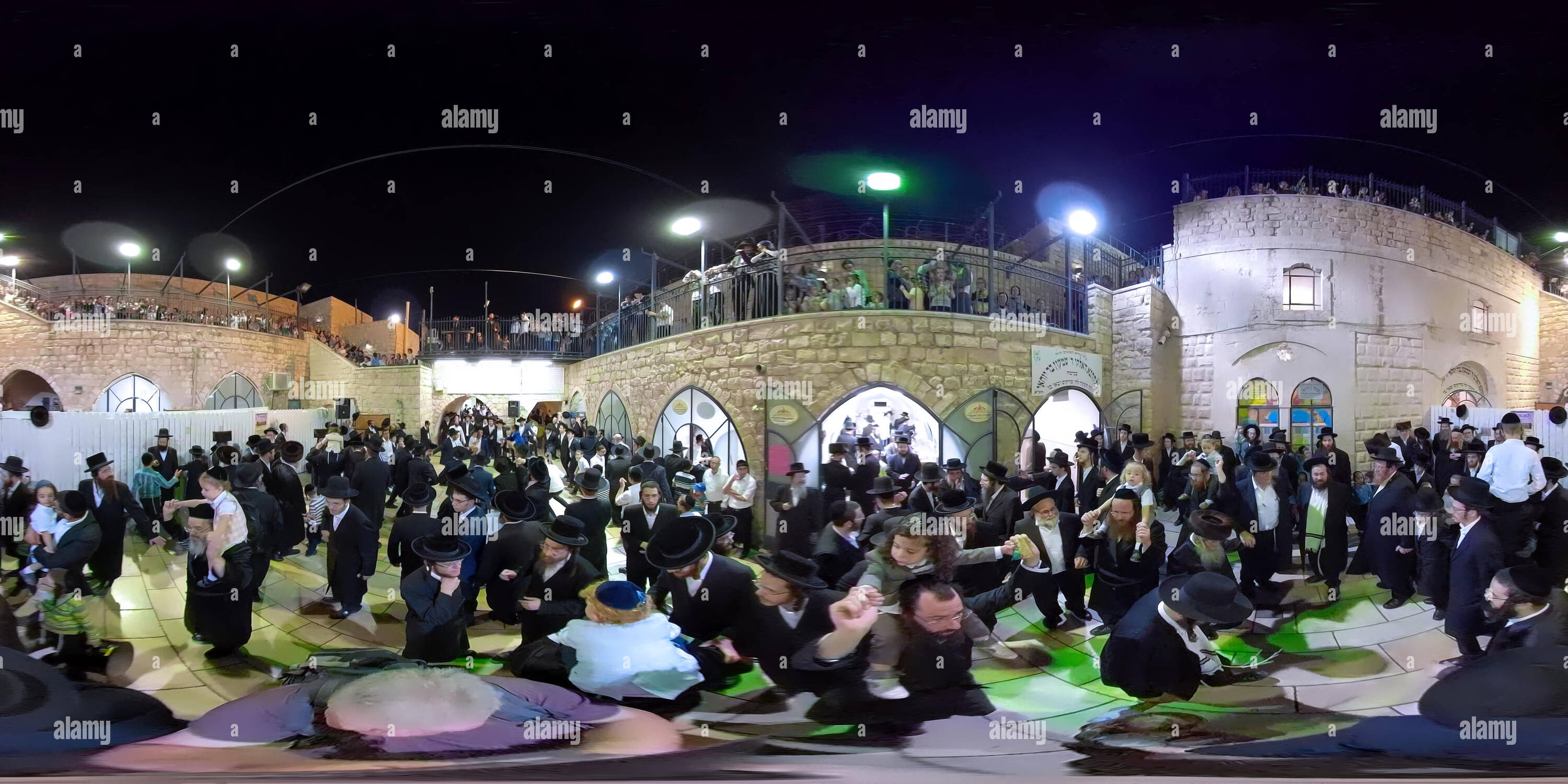 360 degree panoramic view of Haredim celebrate Tu B'Av, the Hebrew holiday of love in Meron,  a great day for weddings. 360 photo vr panorama 2:1 aspect ratio for VR apps