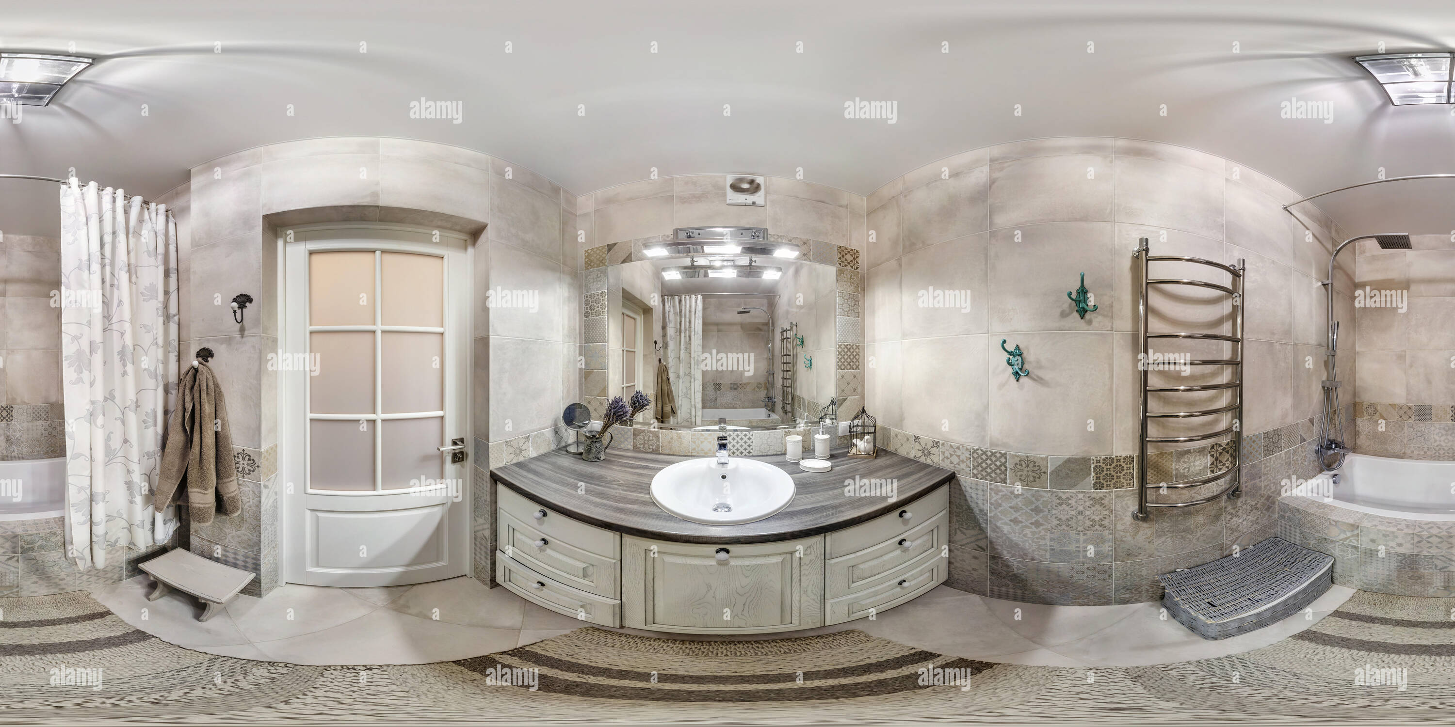 360 degree panoramic view of MINSK, BELARUS - DECEMBER 2018: full seamless spherical hdri panorama 360 degrees angle view in interior bathroom in modern expensive flat apartments