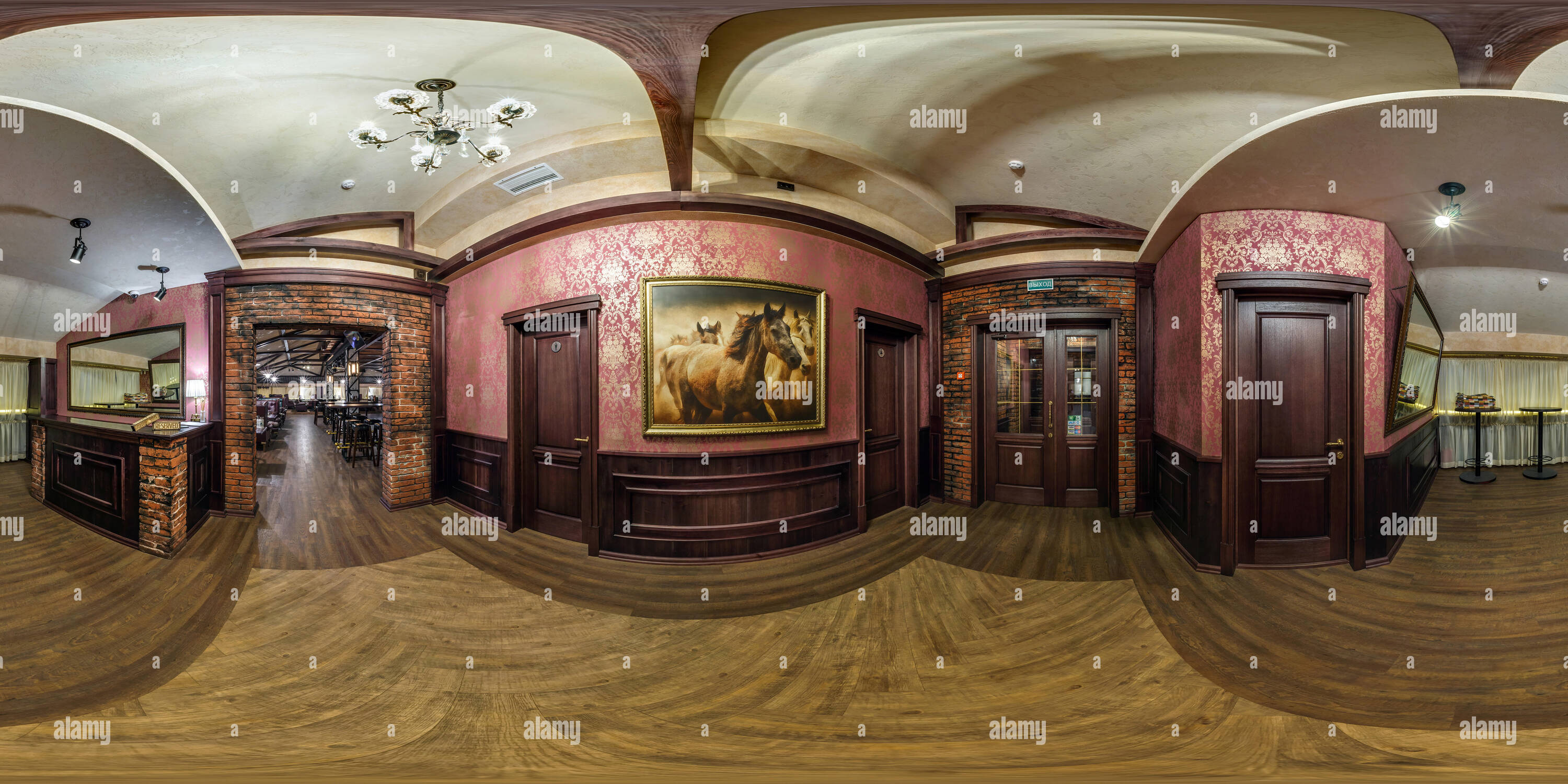 360 degree panoramic view of GRODNO, BELARUS - NOVEMBER, 2018: Full spherical seamless panorama 360 degrees in interior stylish chester vintage reception hall of restaurant nightc