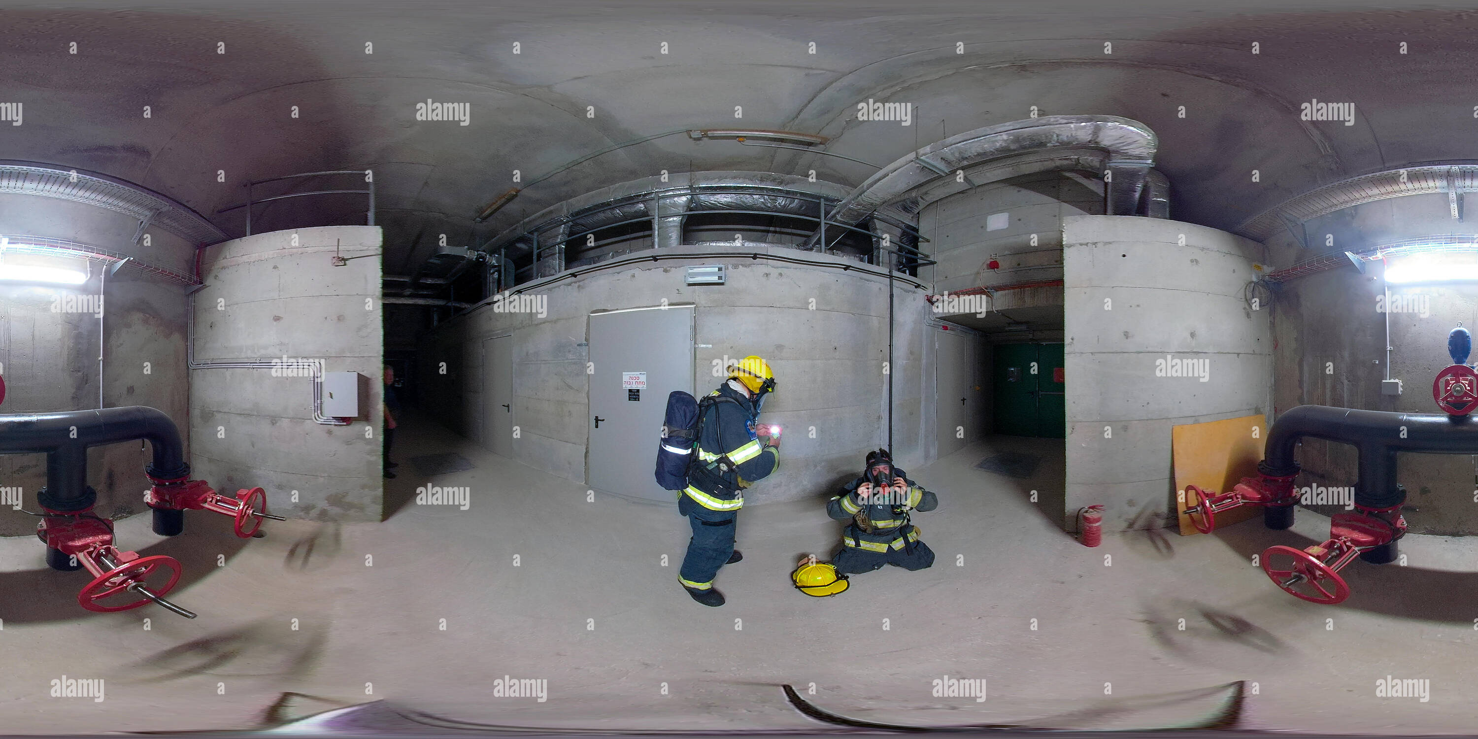 360 degree panoramic view of Firefighters rush to rescue people in car accident during a drill in Kashish Tunnels, Road 6, Israel. 360 photo vr panorama 2:1 aspect ratio for VR ap