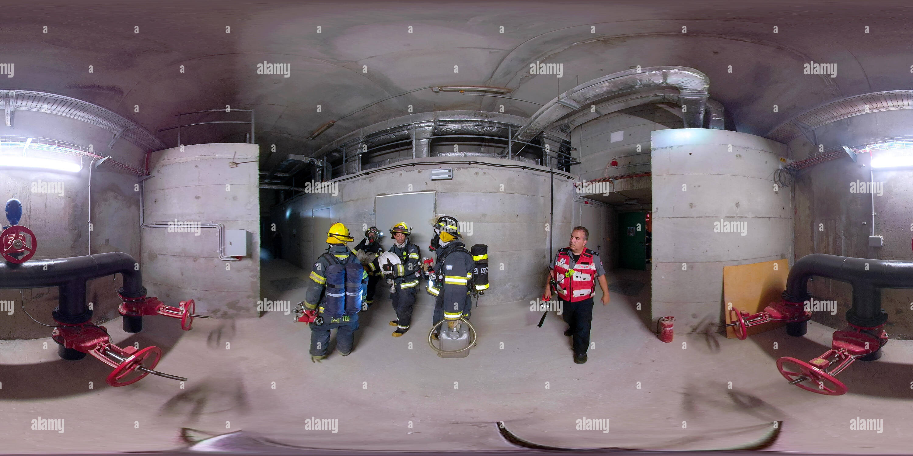 360 degree panoramic view of Firefighters rush to rescue people in car accident during a drill in Kashish Tunnels, Road 6, Israel. 360 photo vr panorama 2:1 aspect ratio for VR ap