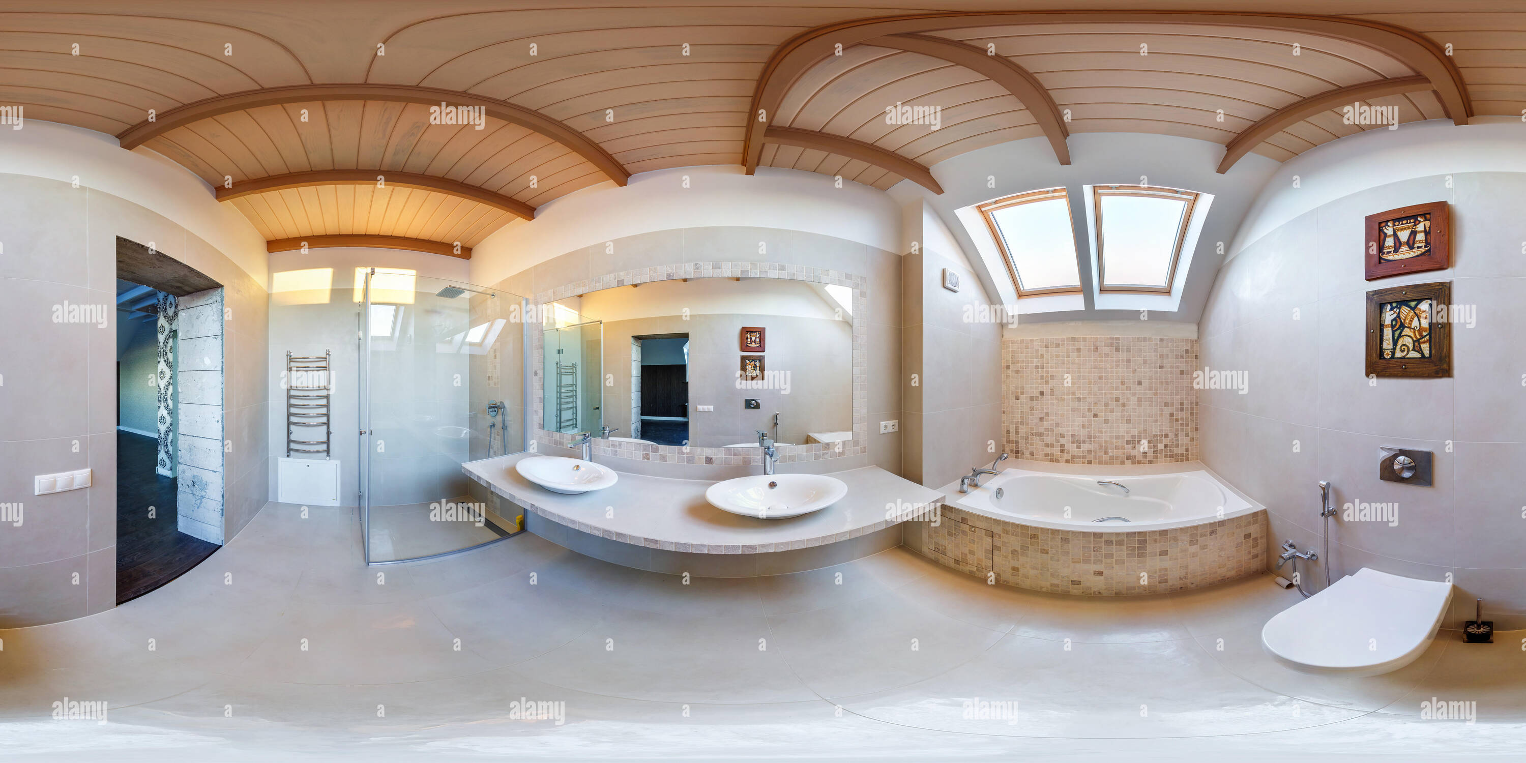 360 degree panoramic view of MINSK, BELARUS - MAY, 2019:  full seamless spherical hdri panorama 360 angle view in interior bathroom in modern mansard flat apartments in equirectan