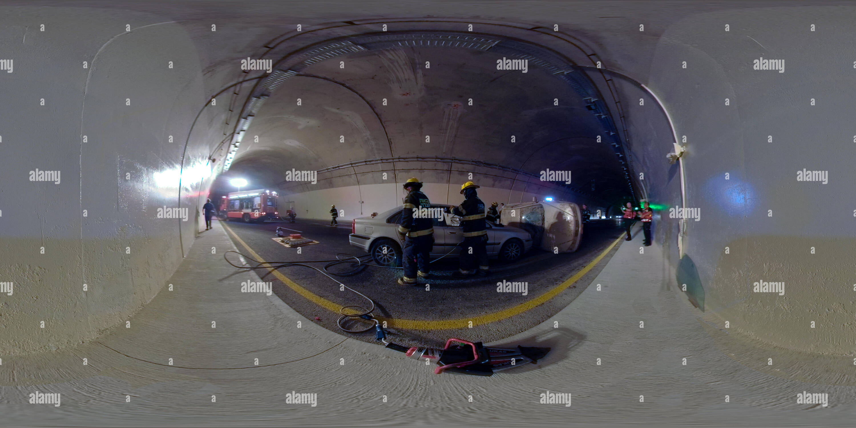 360° view of Firefighters disassemble a car window in car accident
