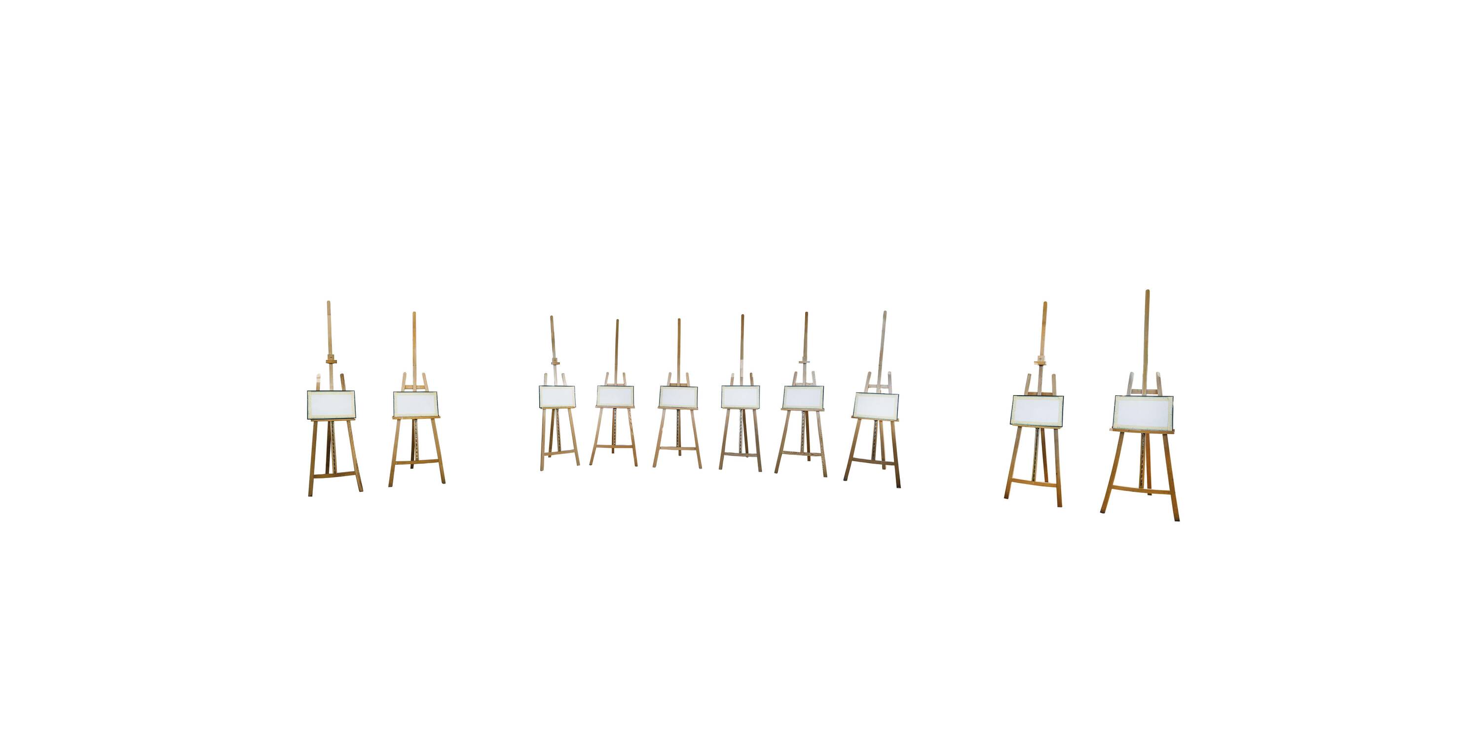 360 degree panoramic view of isolated empty easels on white background for organizing virtual exhibition in any spherical panorama 360 degrees angle view in equirectangular projec