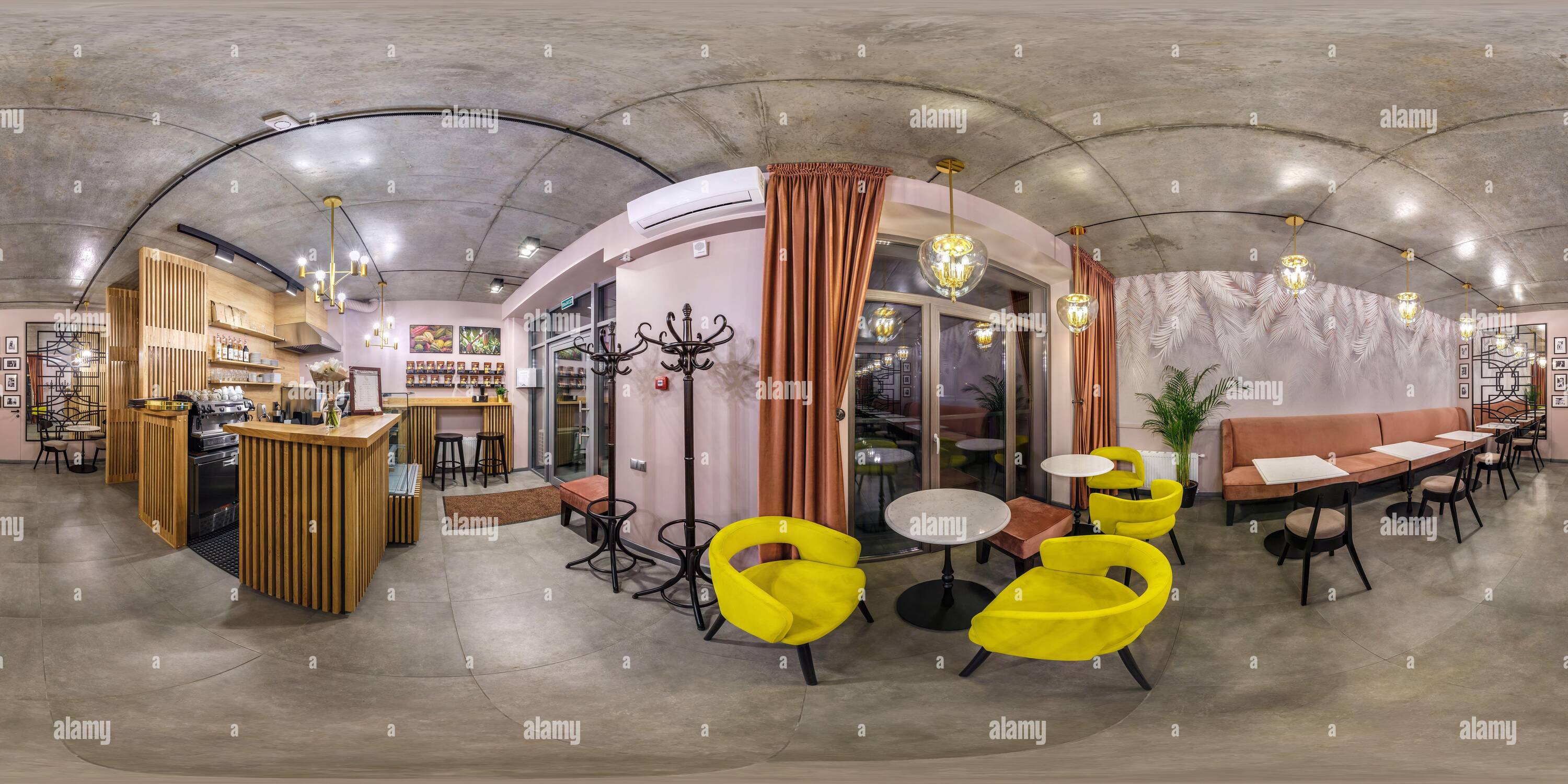 360 degree panoramic view of GRODNO, BELARUS - MAY 2019:  seamless spherical hdri panorama 360 degrees angle inside interior of stylish vintage cafe coffee bar in equirectangular