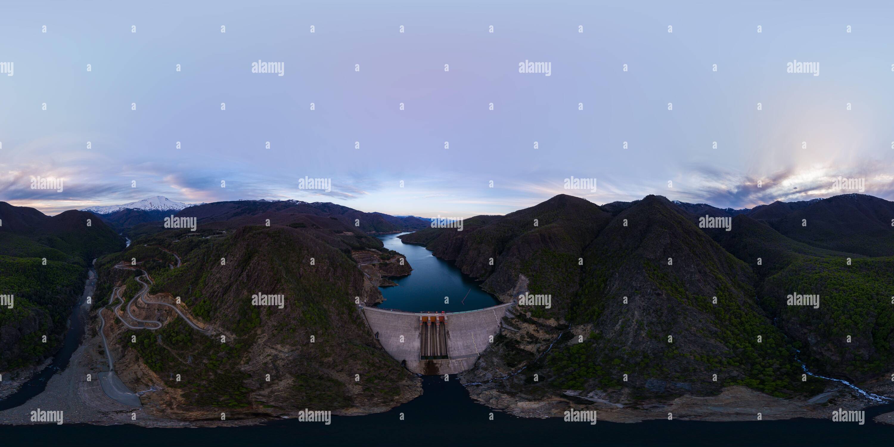 360 degree panoramic view of Aerial view of the Ralco dam, which is used to generate electricity