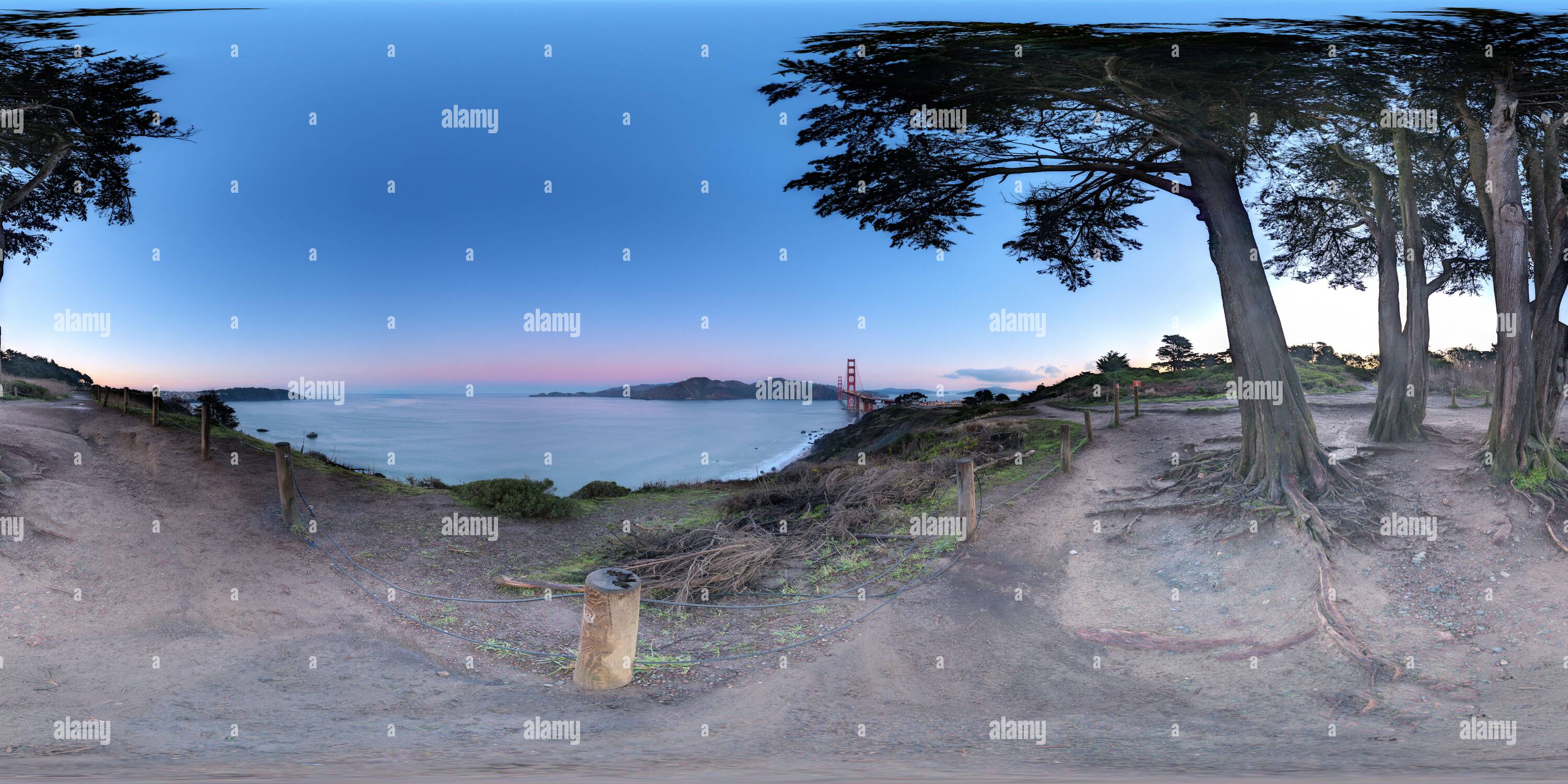 360 degree panoramic view of San Francisco - Golden Gate Bridge from South Side - Sunrise