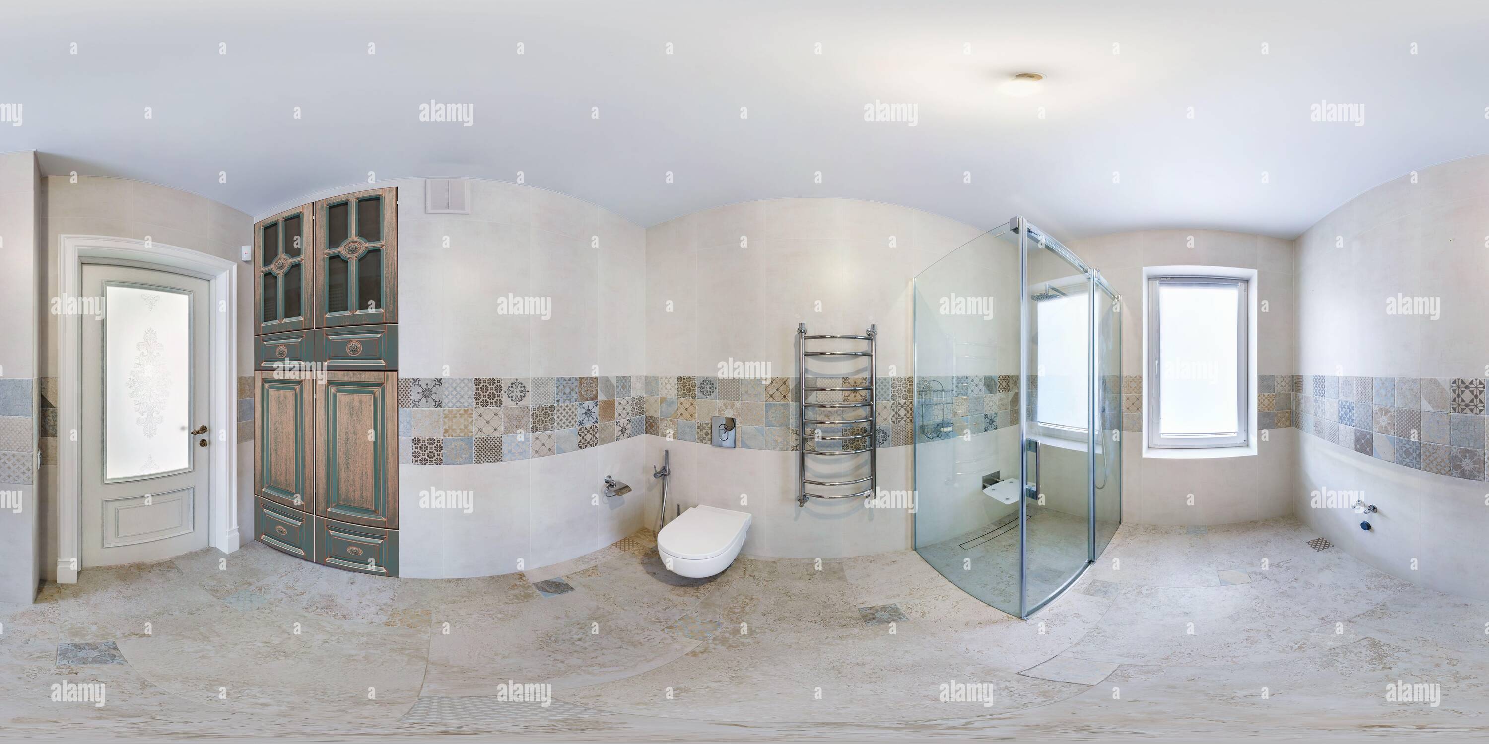 360 degree panoramic view of MINSK, BELARUS -  May 2019: full seamless spherical hdri panorama 360 degres angle view in empty modern bathroom with bidet and shower in equirectangu