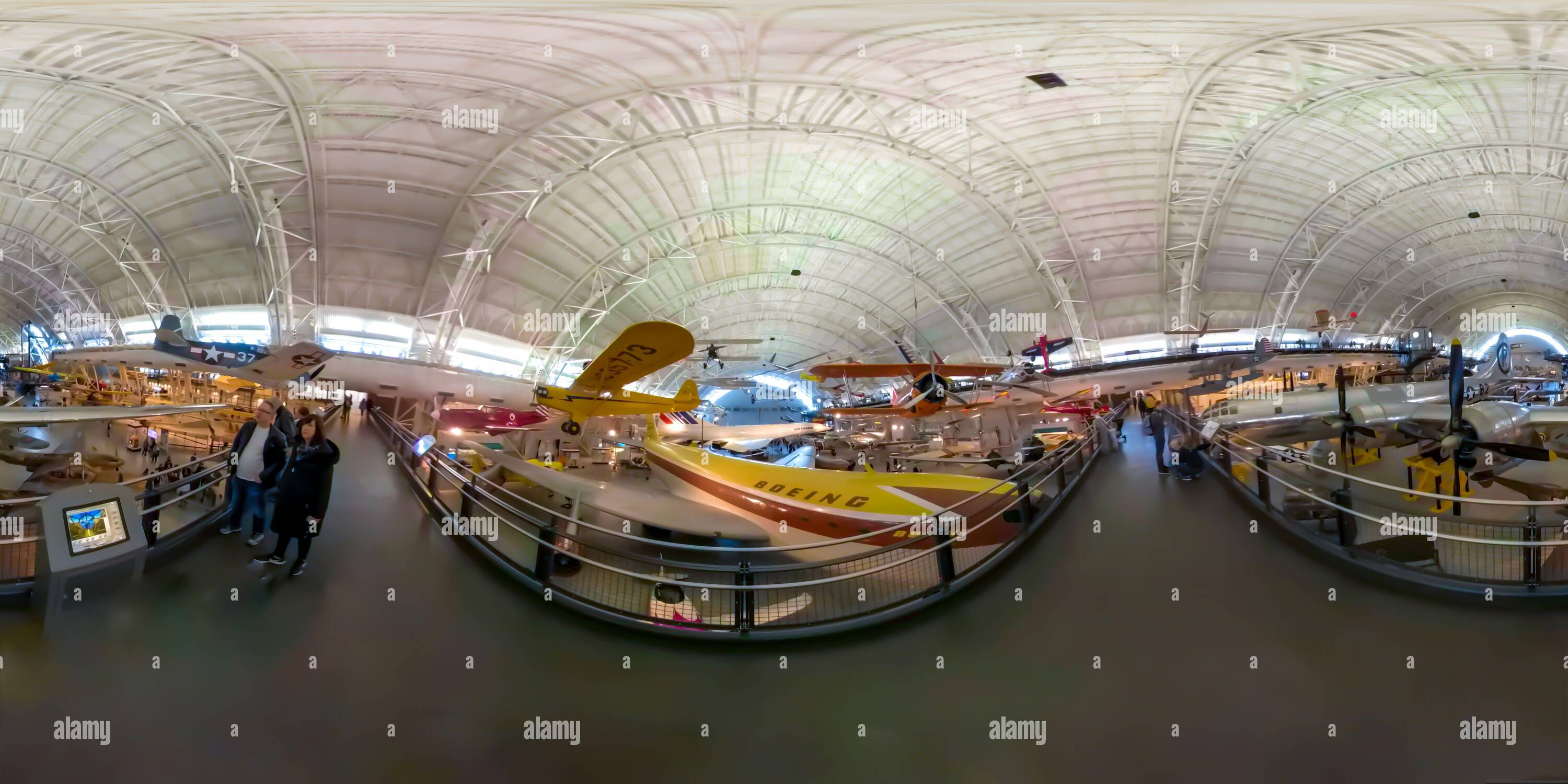 360 degree panoramic view of Chantilly, Virginia - February 16, 2020  -  Tourists at the Steven F. Udvar-Hazy Center of the Smithsonian Air and Space Museum in Chantilly, Virginia