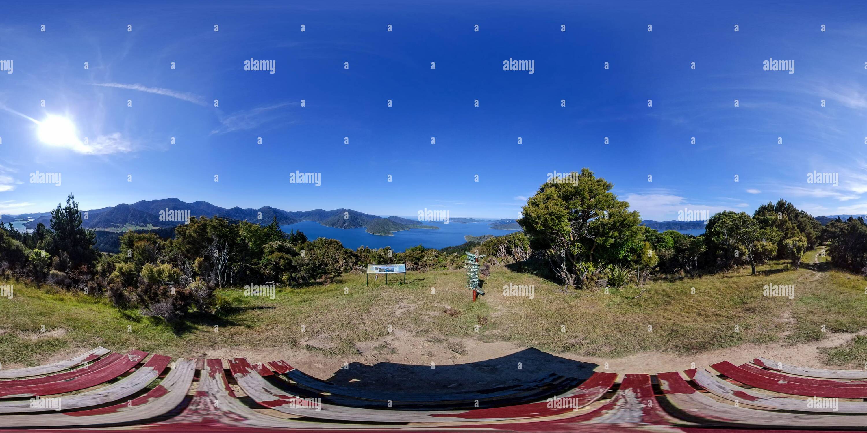 360 degree panoramic view of View from Eatwells Lookout, Malborough Sounds, South Island, New Zealand. View from Eatwells Lookout on Malborough Sounds.