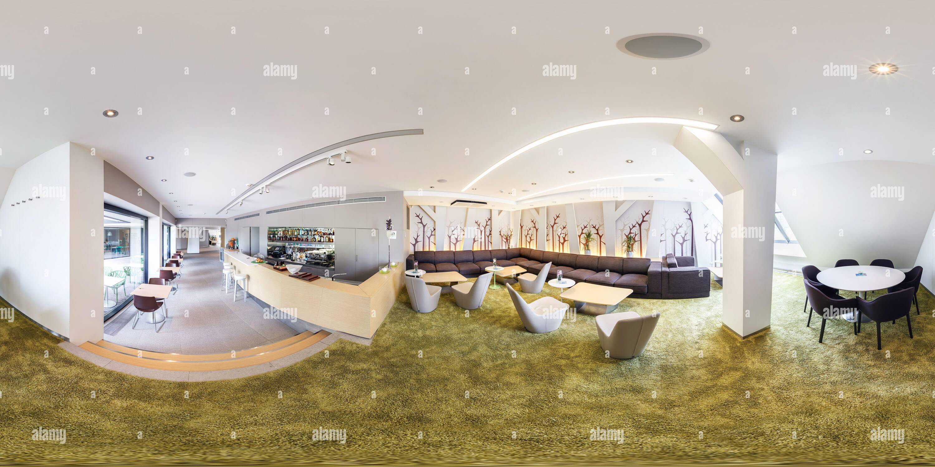 360 degree panoramic view of PRAHA, Czech Republic - JULY 22, 2014: Full 360 panorama in equirectangular spherical projection in stylish cafe complex Central Park in minimalist st