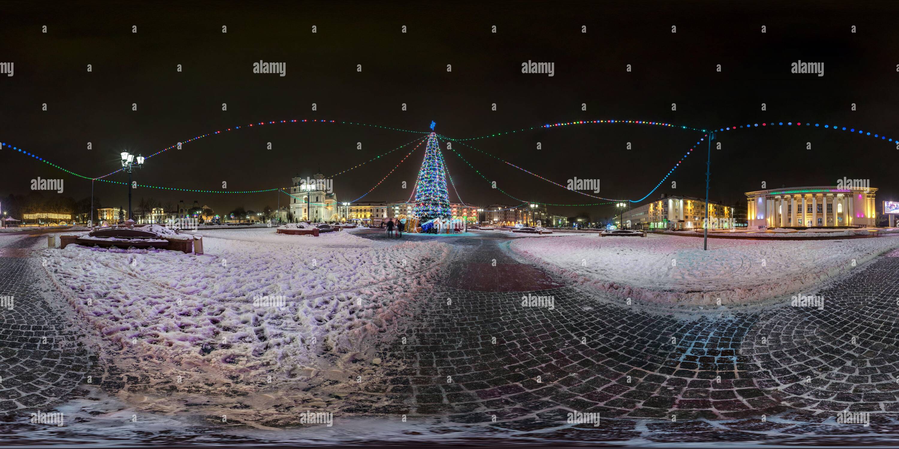 360 degree panoramic view of GRODNO, BELARUS - DECEMBER 2018: Full seamless night hdri panorama 360 degrees angle view on night Square with Christmas tree on new Year in equirecta
