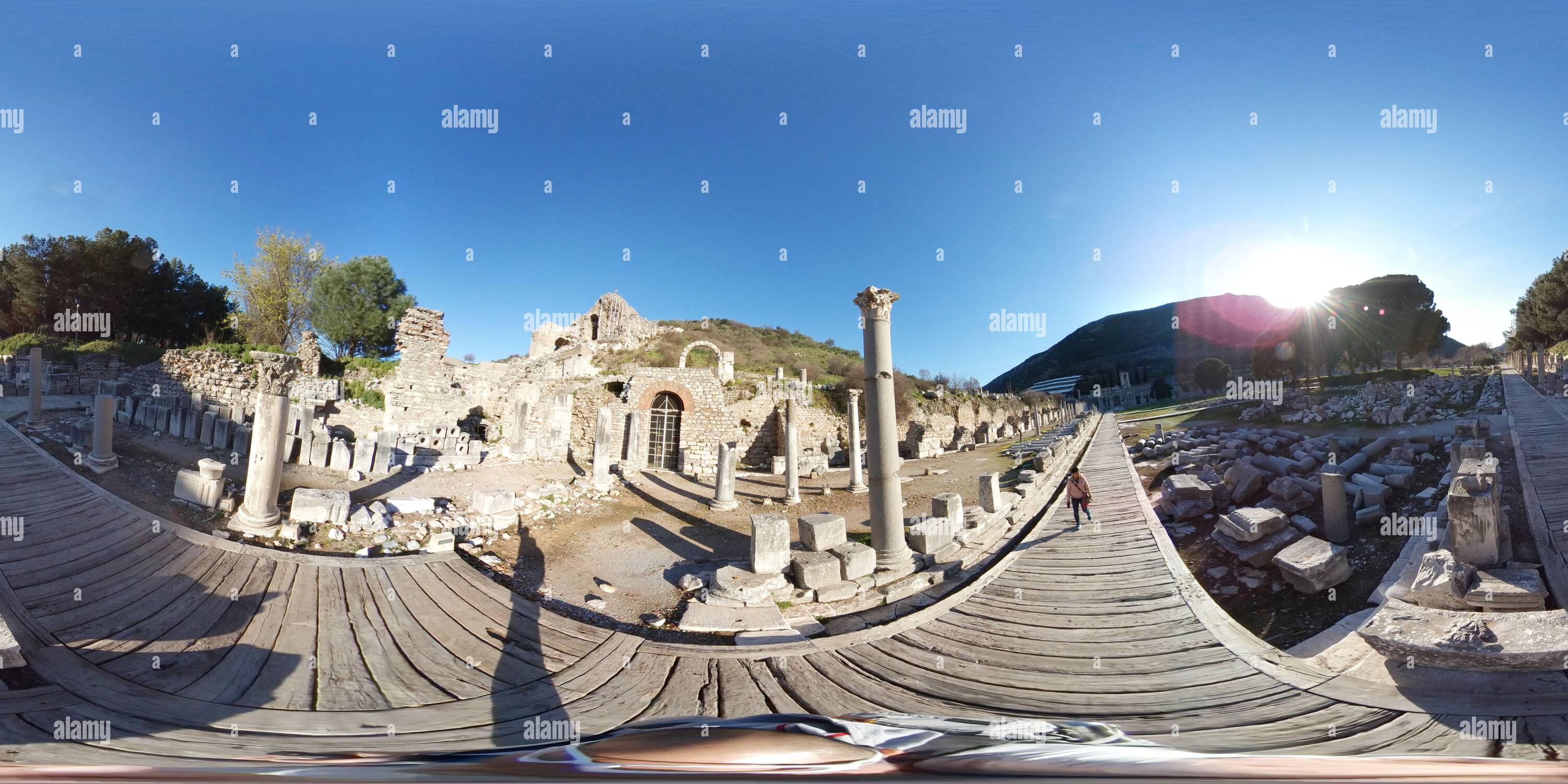 360 degree panoramic view of Arcadian way, Library of Celsus and amphitheatre at  Ephesus, Turkey