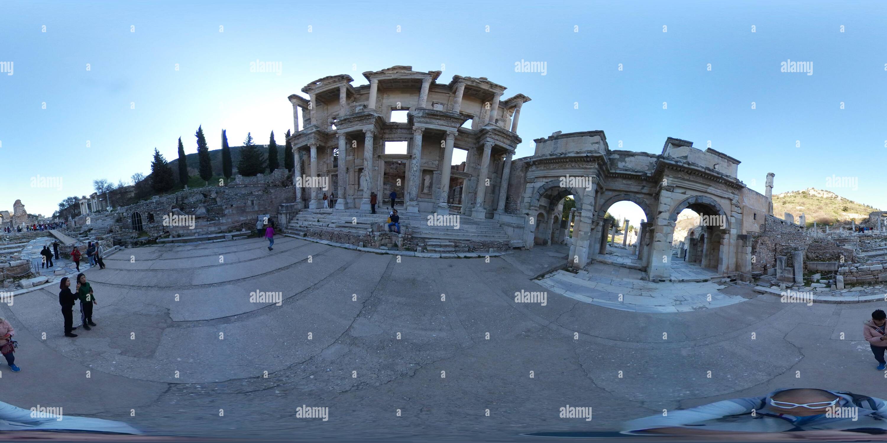 360 degree panoramic view of Arcadian way, Library of Celsus and amphitheatre at  Ephesus, Turkey