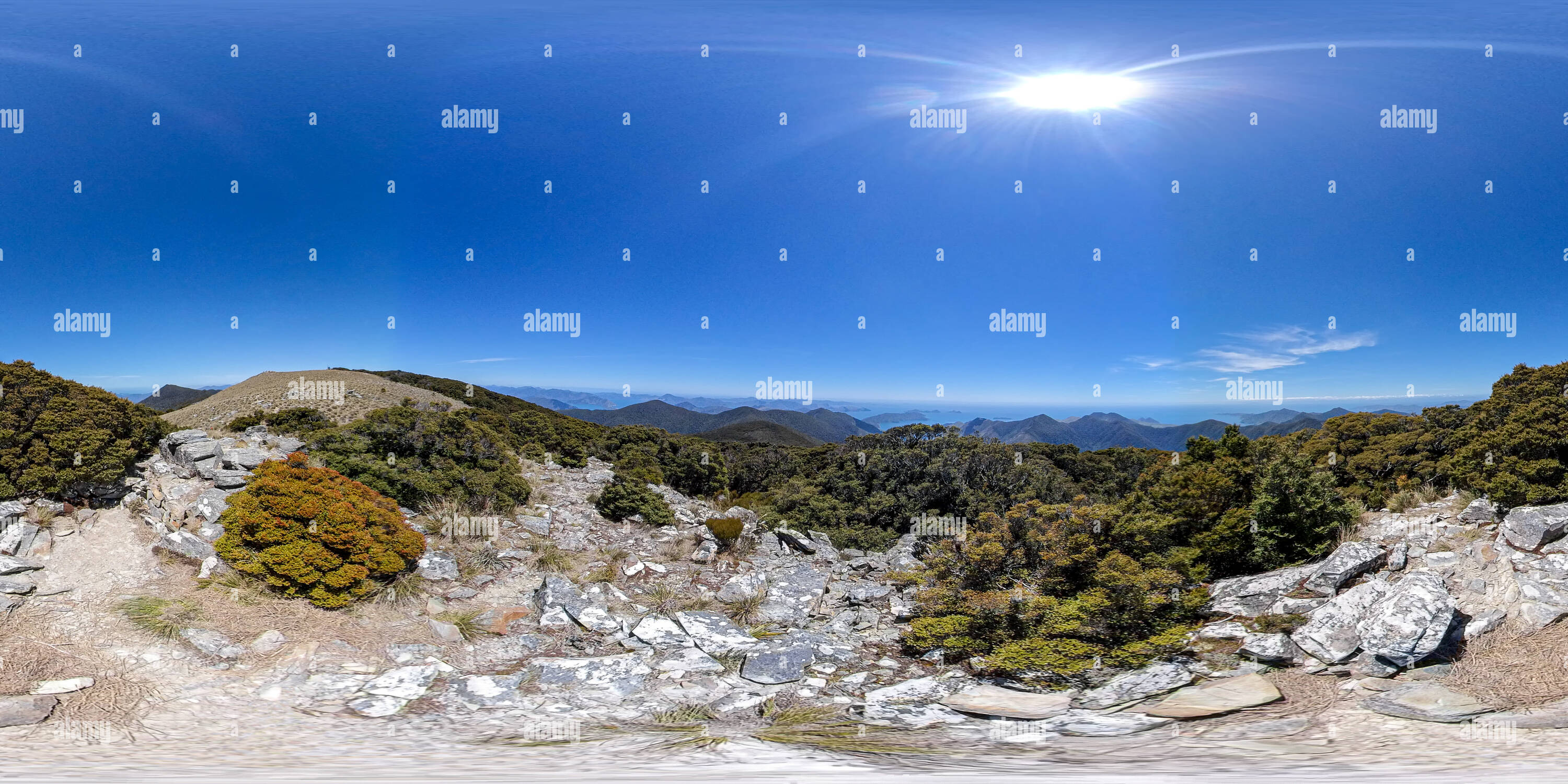 360 degree panoramic view of View from Mount Stokes, Malborough Sounds, South Island, New Zealand.