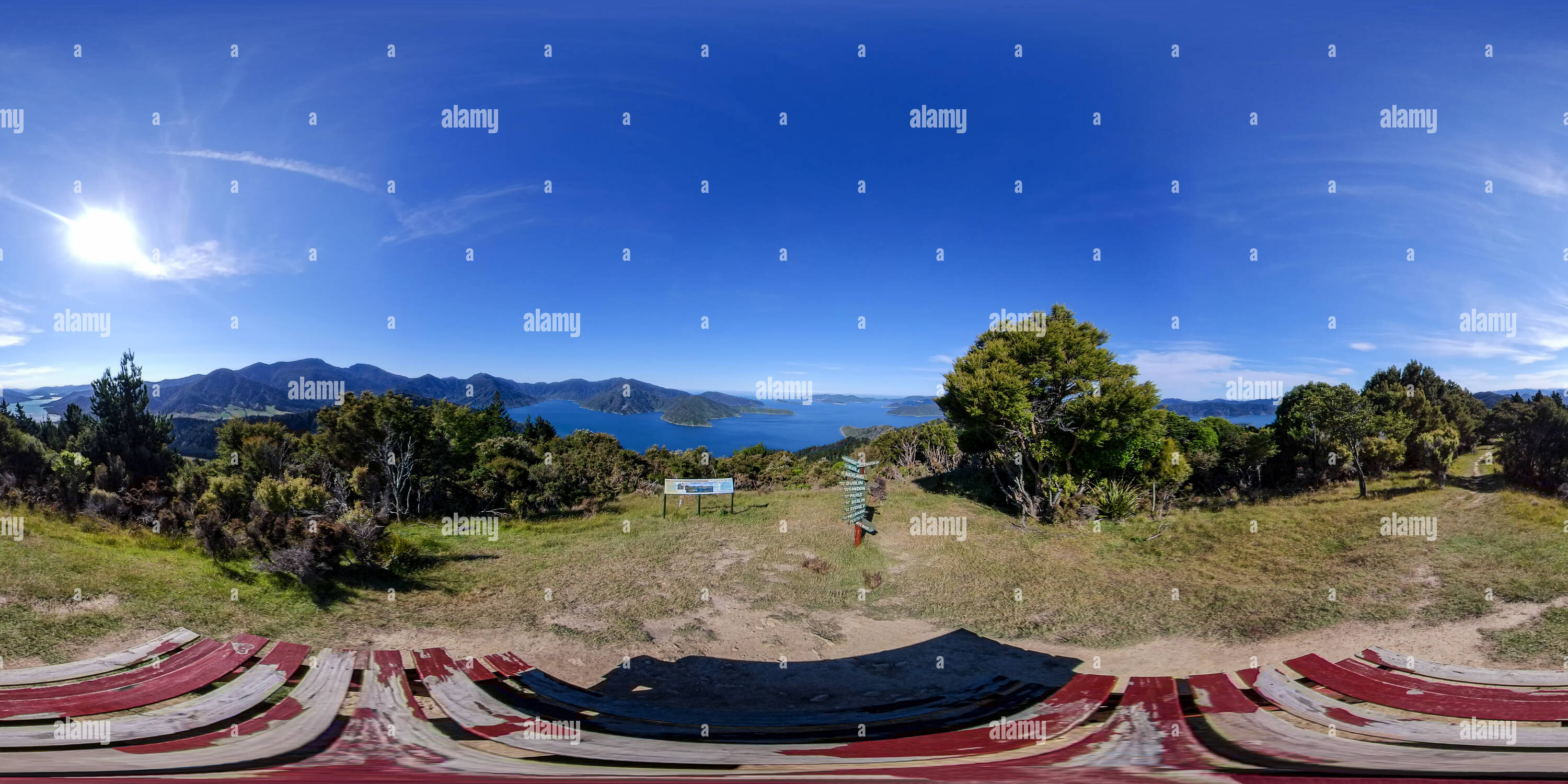 360 degree panoramic view of View from Eatwells Lookout, Malborough Sounds, South Island, New Zealand.