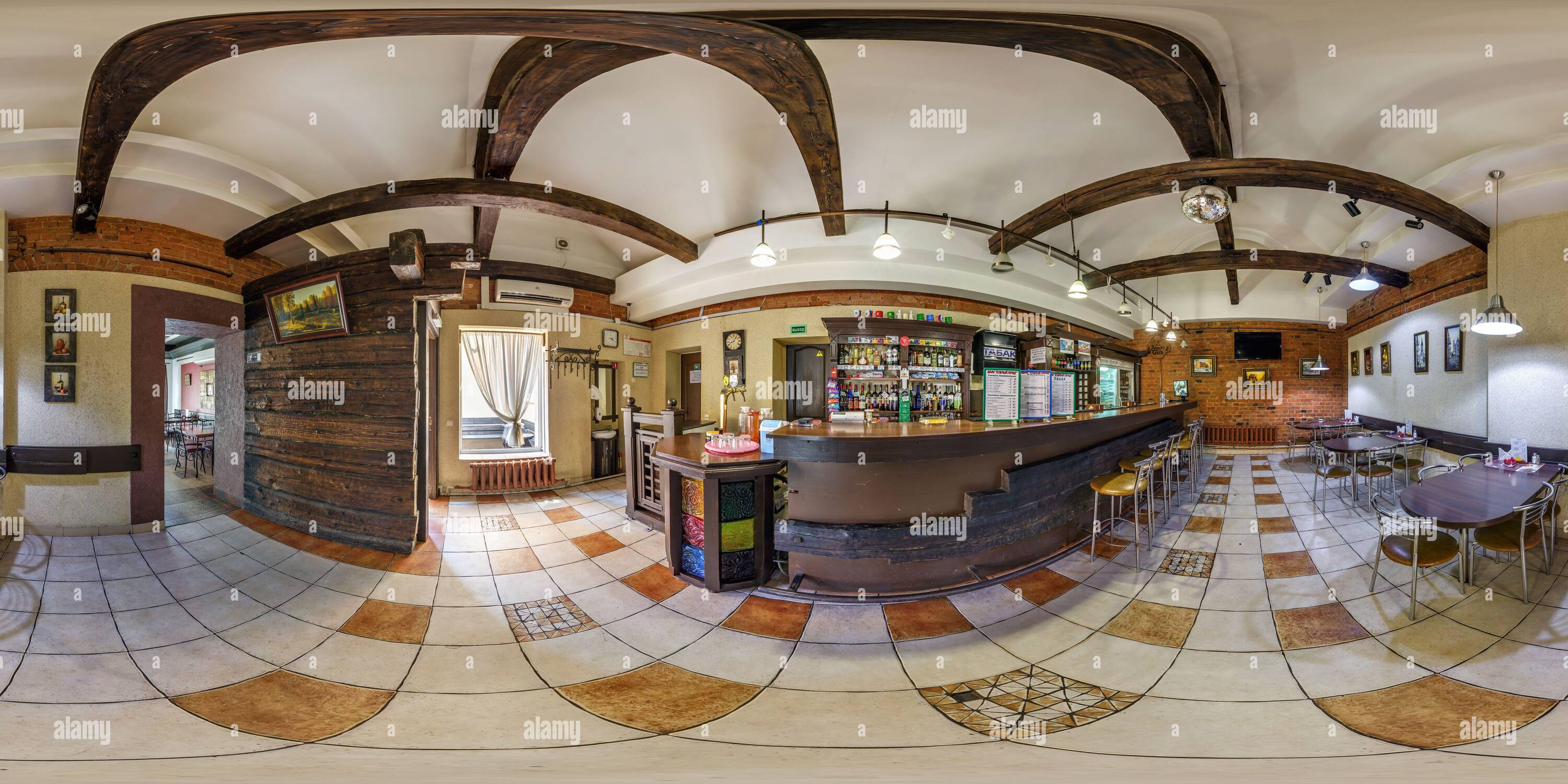 360 degree panoramic view of GRODNO, BELARUS - JANUARY, 2019: Full spherical seamless hdri panorama 360 degrees angle view in interior stylish modern fast food bistro cafe in equi
