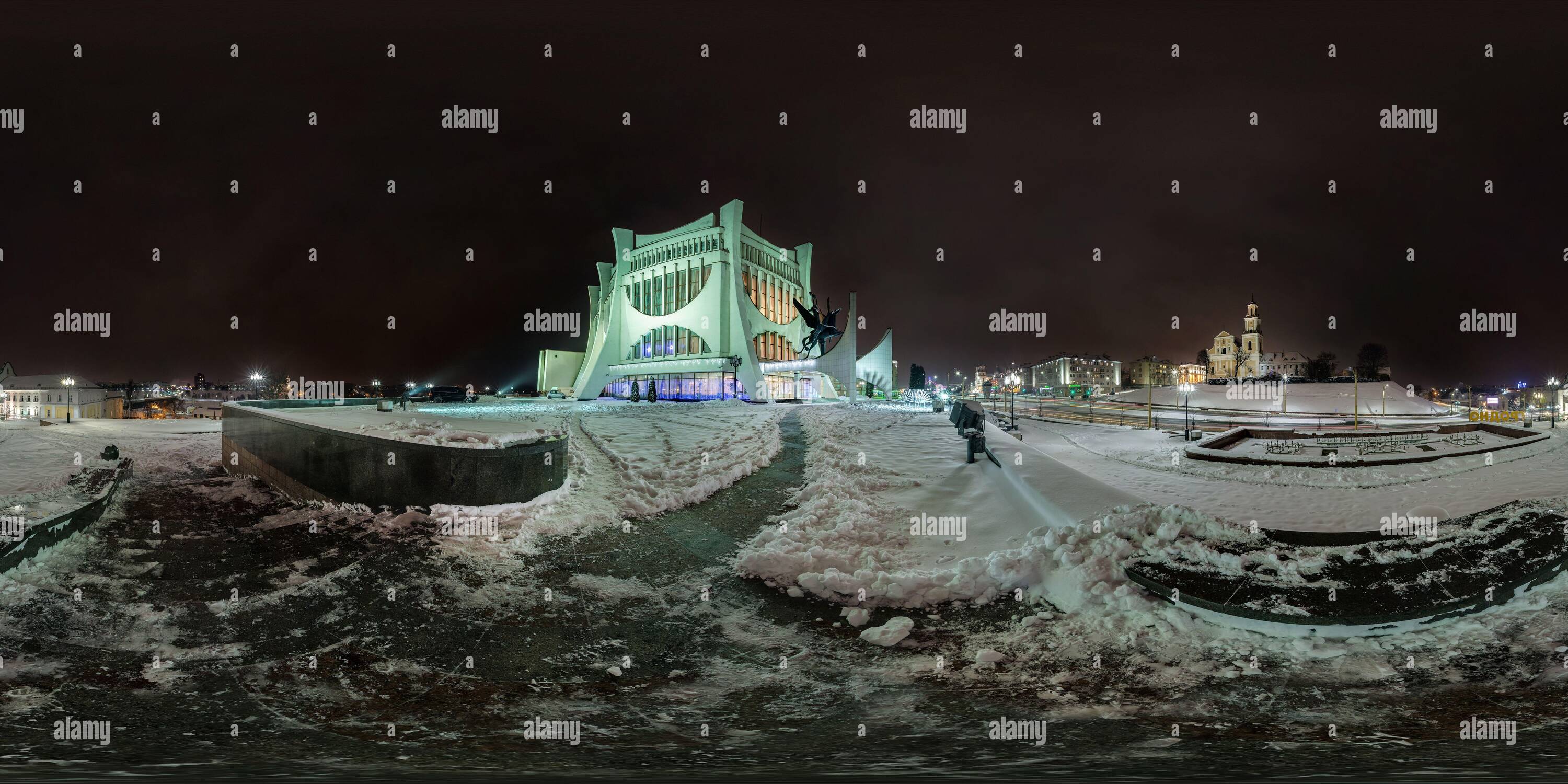 360 degree panoramic view of GRODNO, BELARUS - DECEMBER 2018: Full seamless night hdri panorama 360 degrees angle view on night street with illuminations on new Year in equirectan