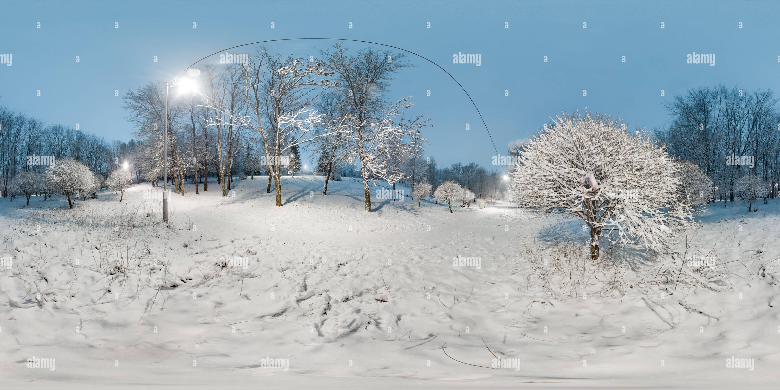 360 degree panoramic view of Image with 3D spherical panorama with 360 degree viewing angle. Snowy winter in park with trees at the evening. Burning lanterns. Full equirectangular