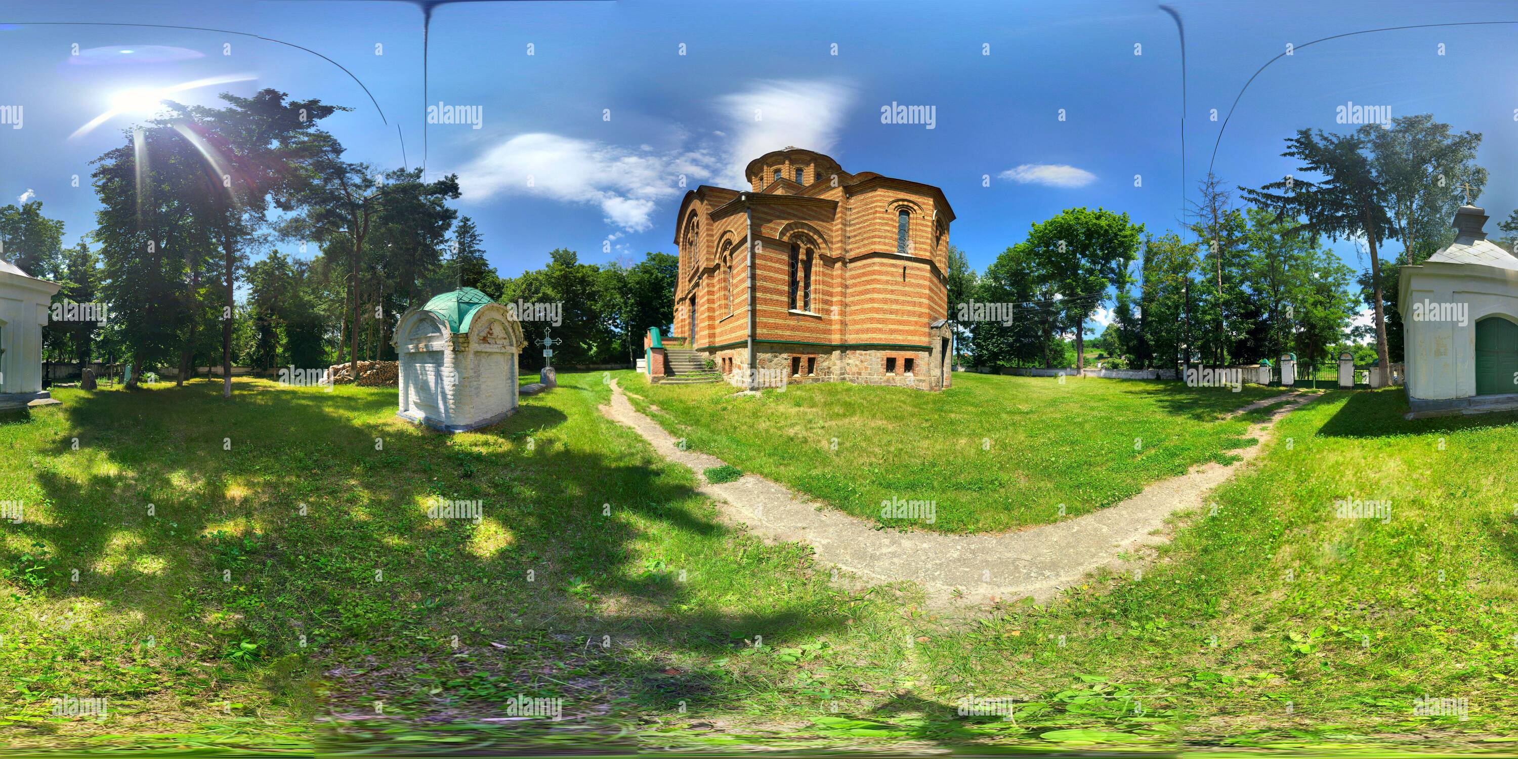 360 degree panoramic view of 360-degree panorama of the Ancient Church on the Hill. The Colorful spring landscape of the church yard.