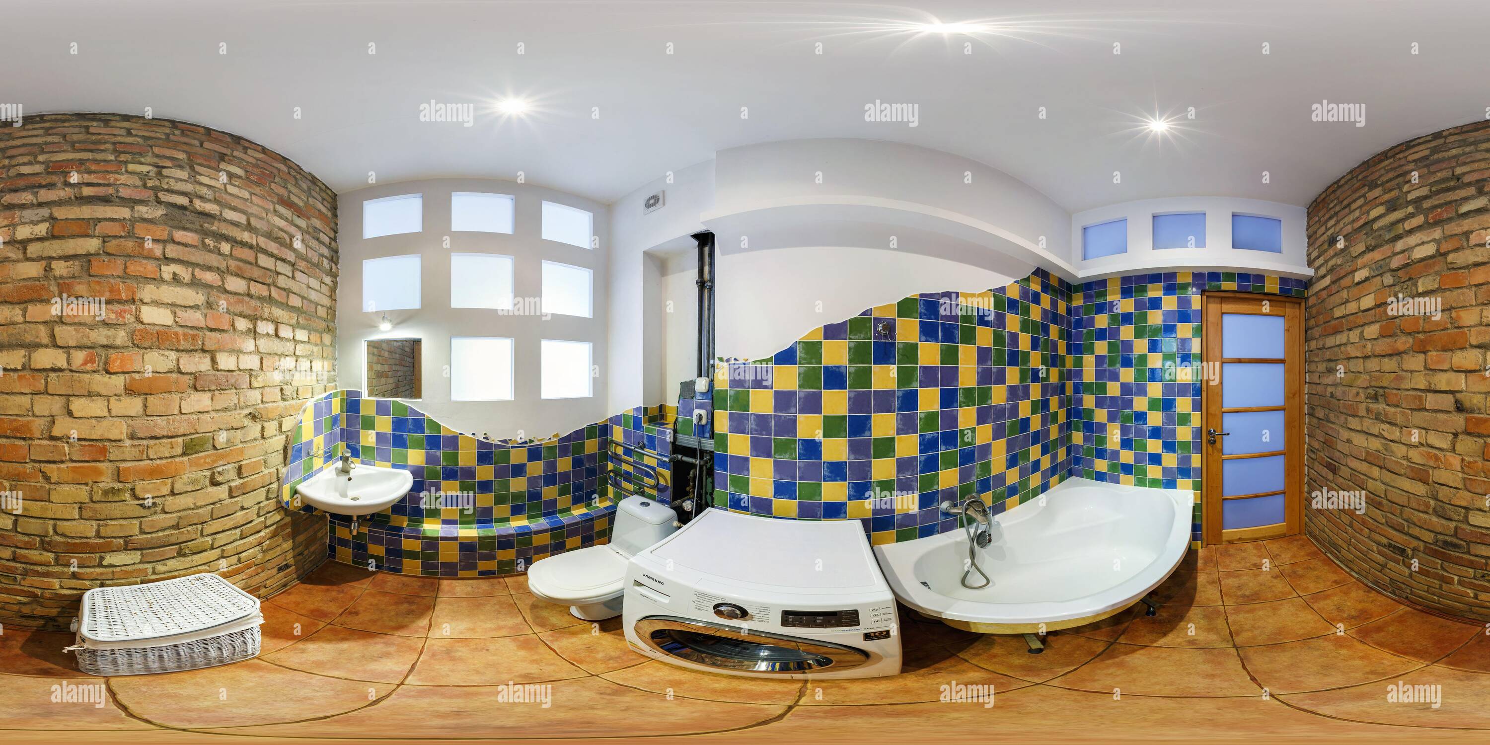 360 degree panoramic view of MINSK, BELARUS - MAY, 2019:  full seamless spherical hdri panorama 360 angle view in interior bathroom with brick walls in apartments in equirectangul