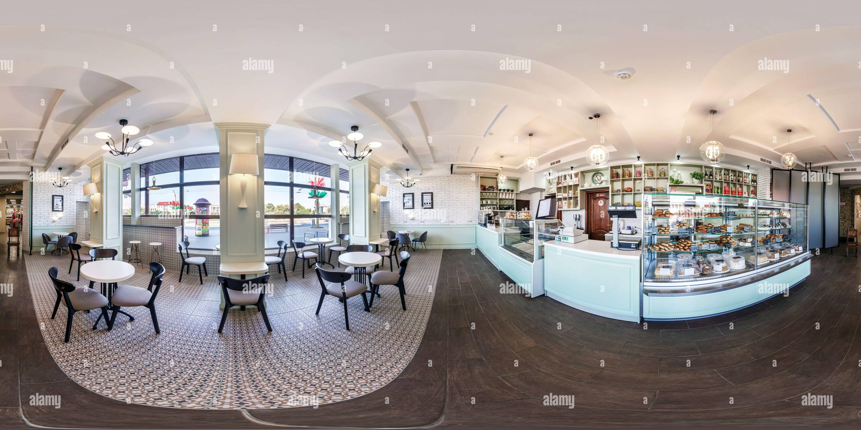 360 degree panoramic view of GRODNO, BELARUS - AUGUST 2019: full spherical seamless hdri 360 panorama in interior of city cafeteria with wooden eco tables and chairs with columns