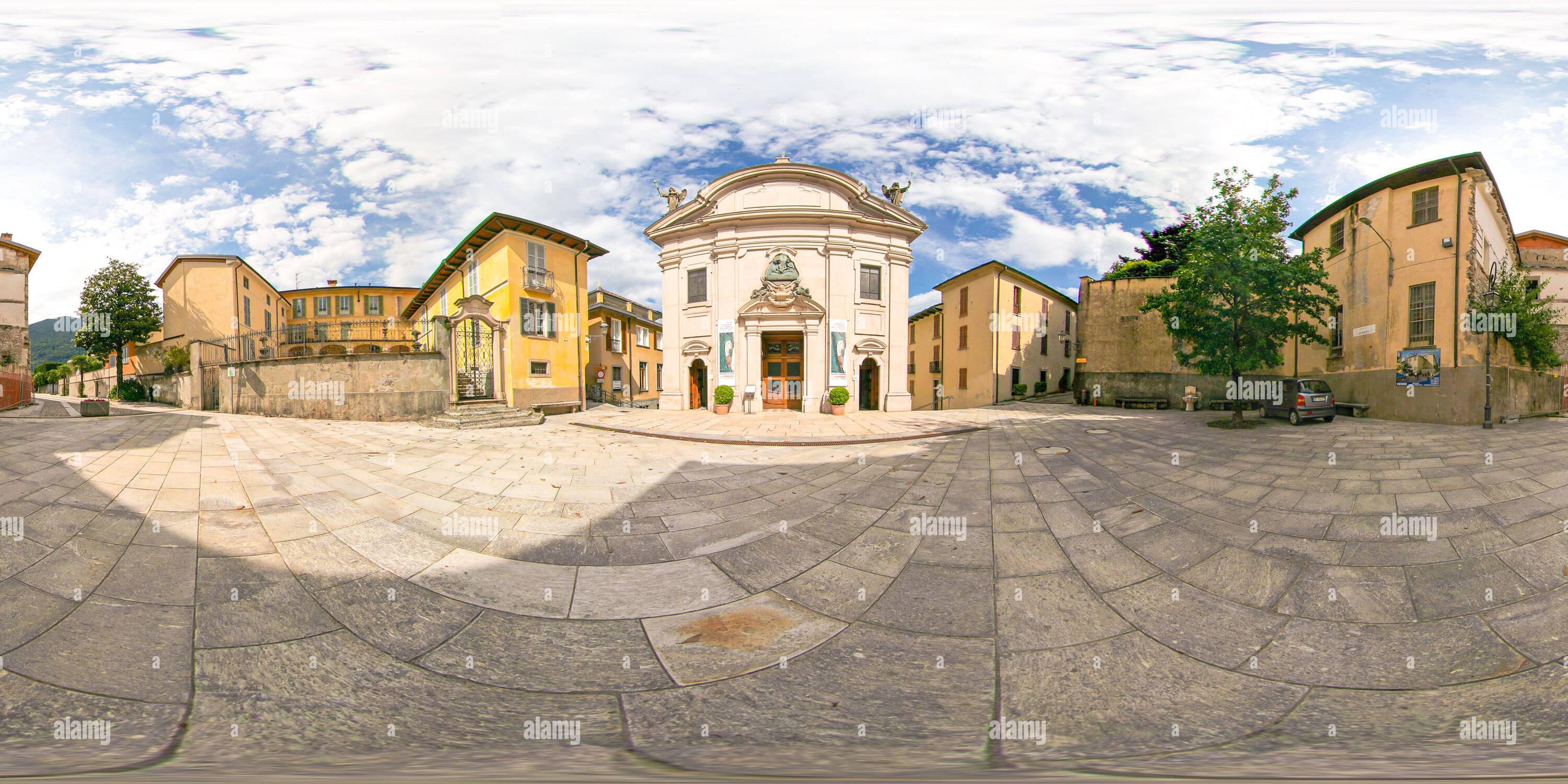 360 degree panoramic view of Equirectangular Panoramic (360 Degrees Panoramic View) of the square facing the Church Santuario della SS Pieta in Cannobio , Piedmont, Italy - June 1