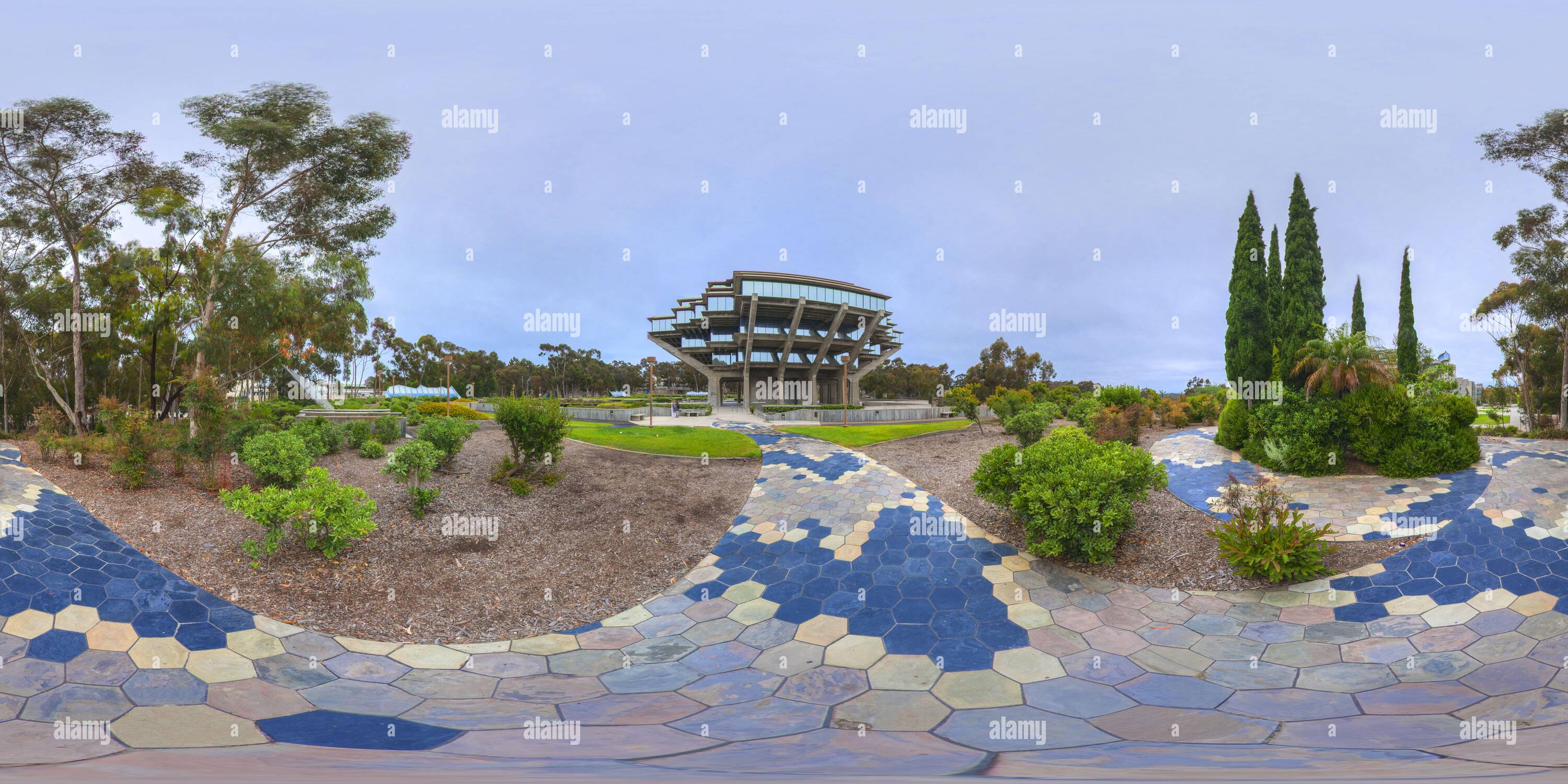 360 degree panoramic view of The Geisel Library and Snake Path at UCSD