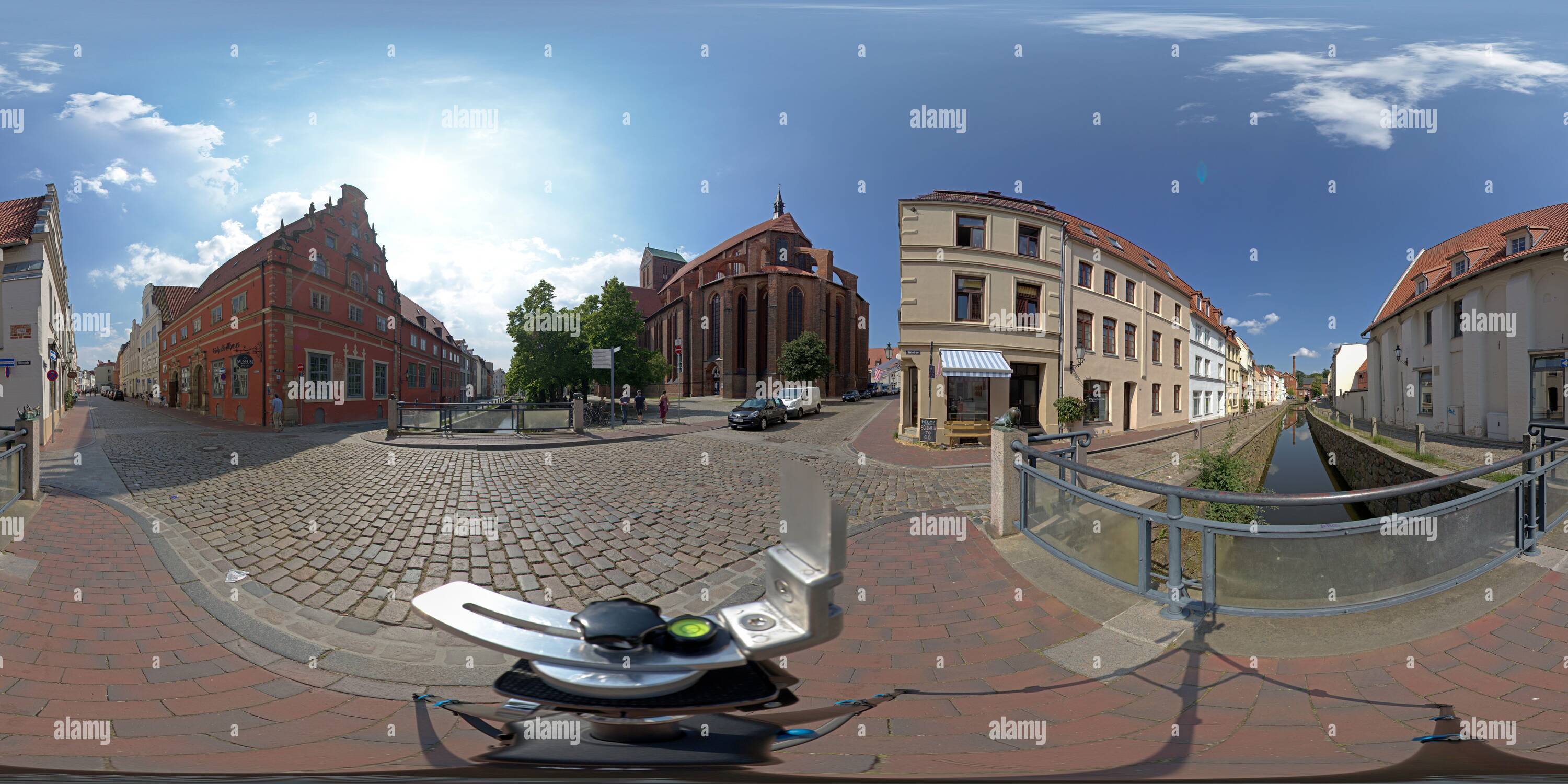 360 degree panoramic view of 360 degree photo, St Nicholas church, Schweinsbruecke, The Grube and The Old Town Mill, Wismar, Mecklenburg-West Pomerania, Germany
