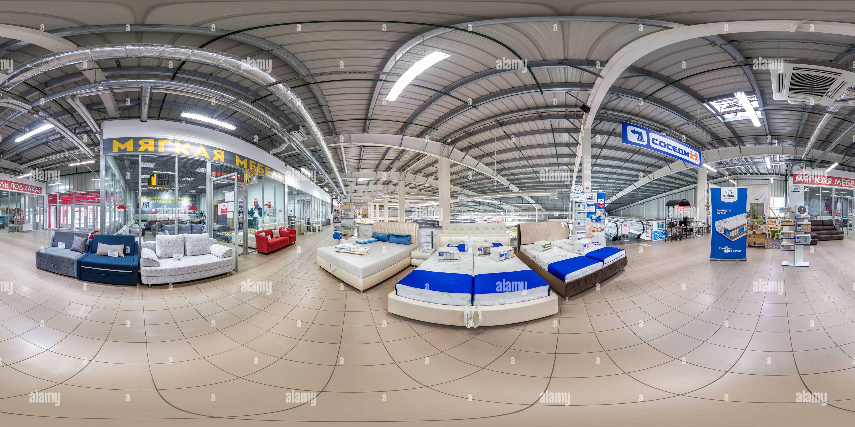 360 degree panoramic view of MINSK, BELARUS - MAY, 2019: Full spherical seamless hdri panorama 360 degrees view in interior of huge modern hall of furniture trade center mall in e