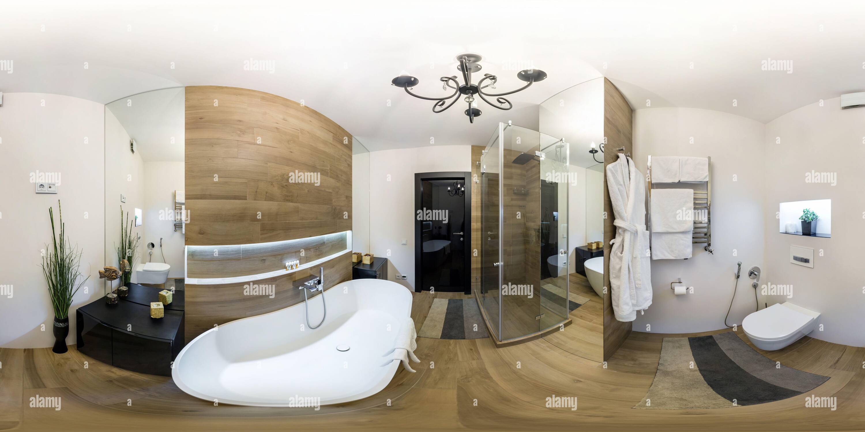 360 degree panoramic view of MINSK, BELARUS - MAY, 2019: full seamless hdri panorama 360 degrees angle view in interior of bathroom in modern flat loft apartments in equirectangul