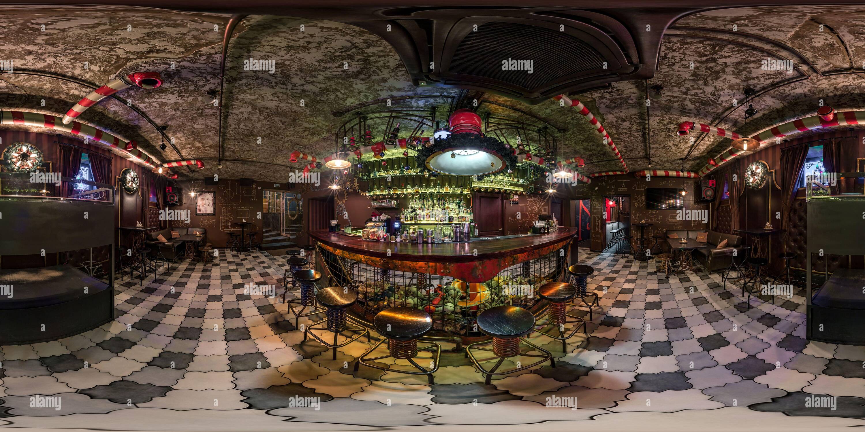 360 degree panoramic view of MOSCOW, RUSSIA - NOVEMBER, 2019: Full spherical seamless hdri  panorama 360 degrees in interior stylish vintage restaurant nightclub bar in equirectan