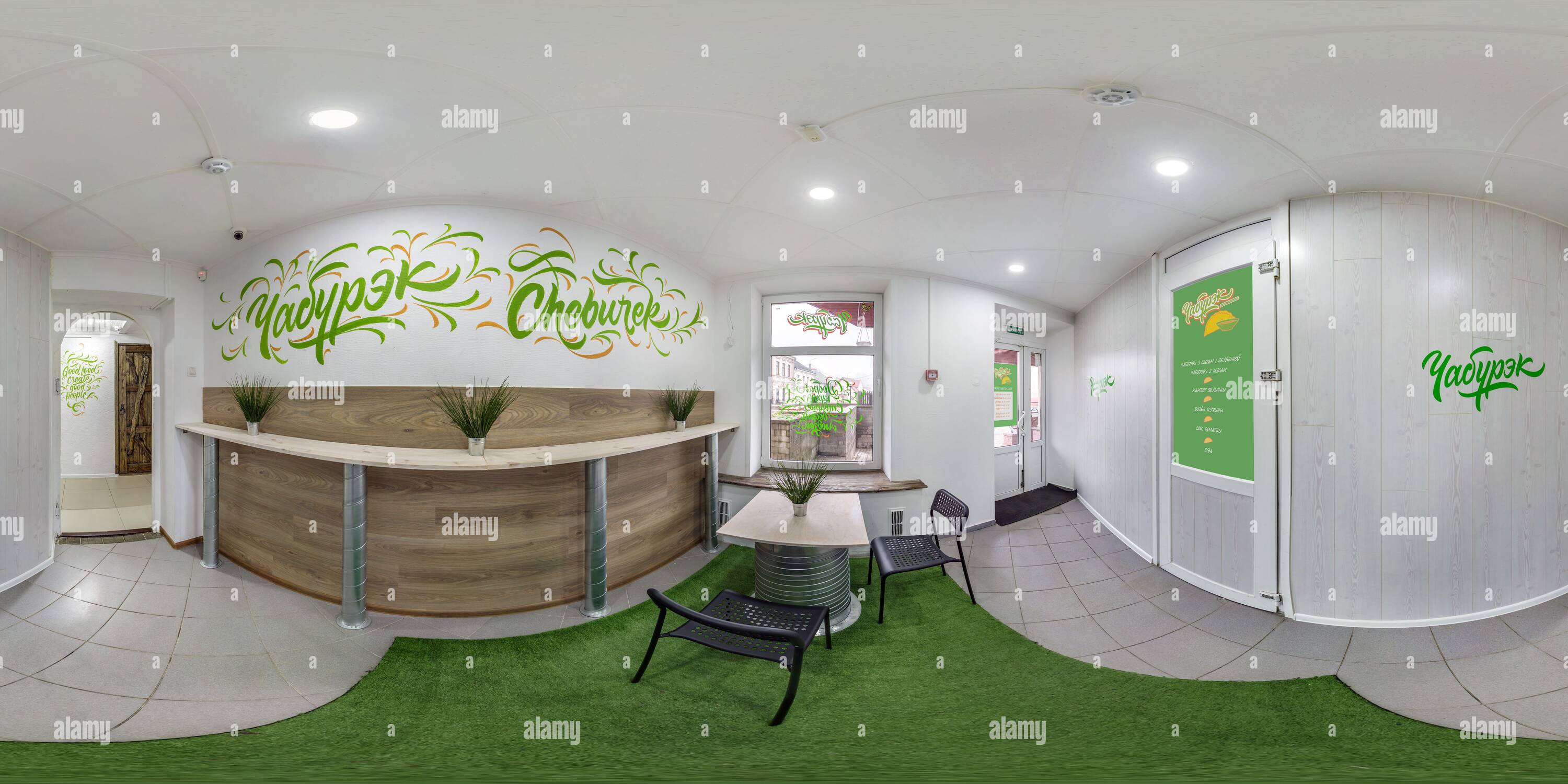 360 degree panoramic view of MINSK, BELARUS - MAY 2019:  seamless spherical hdri panorama 360 degrees angle inside interior of stylish small cafe coffee bar in equirectangular pro