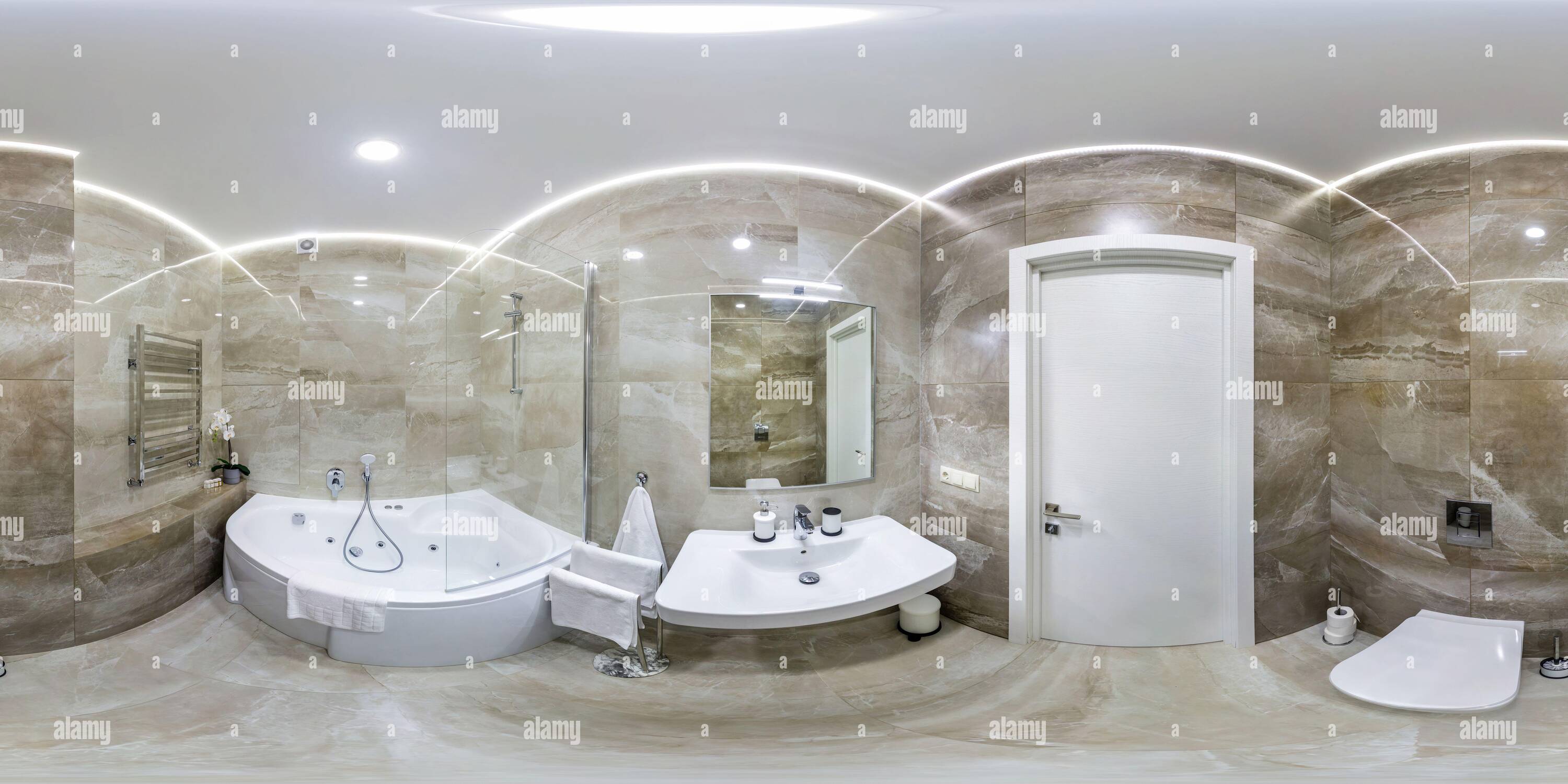 360 degree panoramic view of full seamless hdri panorama 360 degrees angle view in interior of bathroom in modern flat loft apartments in equirectangular projection with zenith an