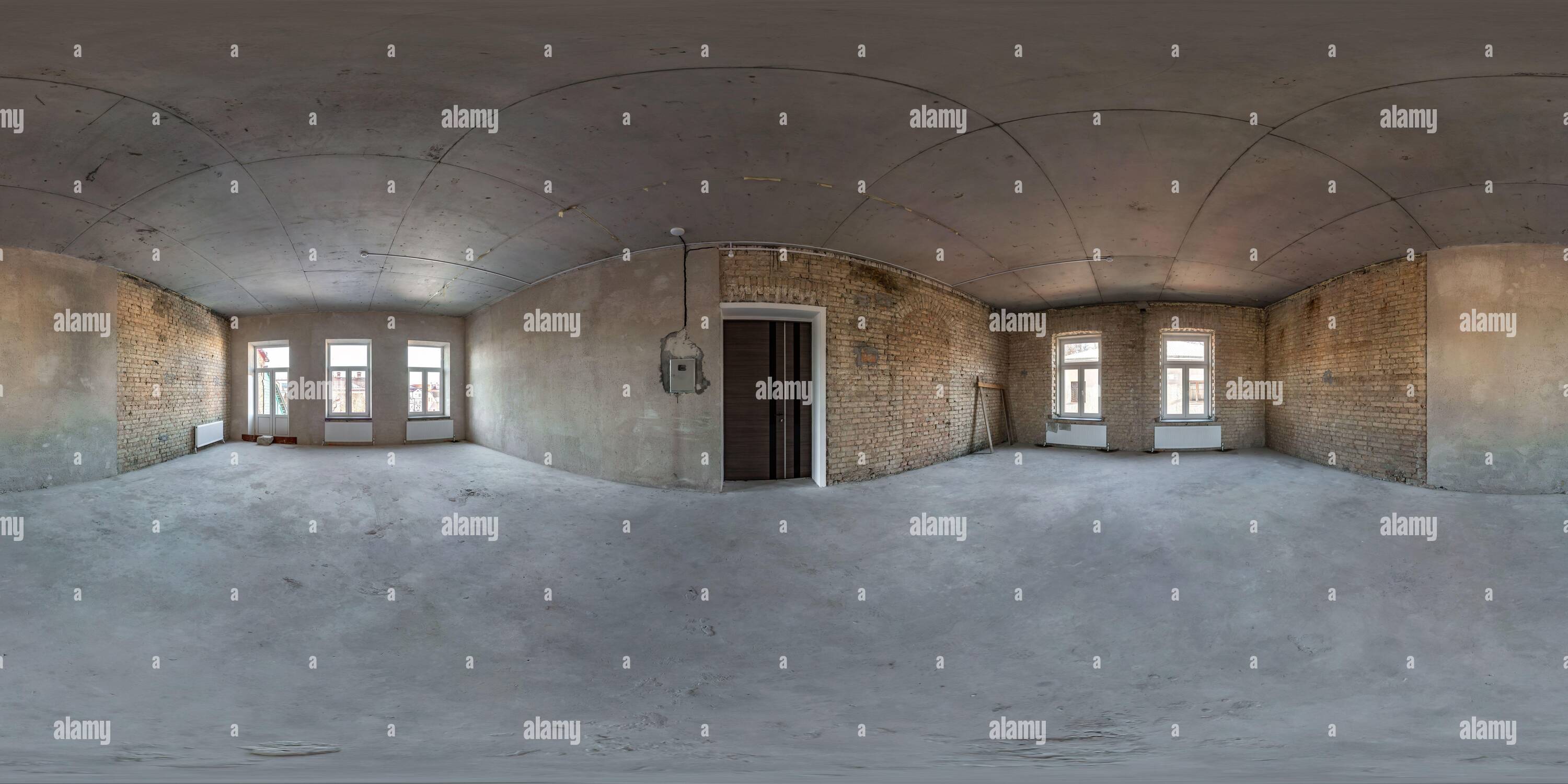 360 degree panoramic view of Empty room without repair. full seamless spherical hdri panorama 360 degrees in interior of gray loft room office with panoramic windows in equirectan