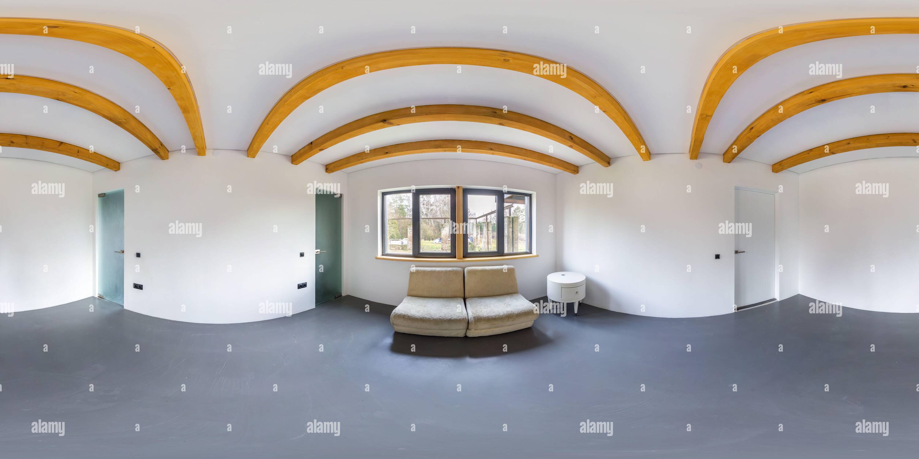 360 degree panoramic view of full seamless hdri panorama 360 angle in white empty apartment interior with panoramic windows and wooden rafter ceiling in vacation homestead house i