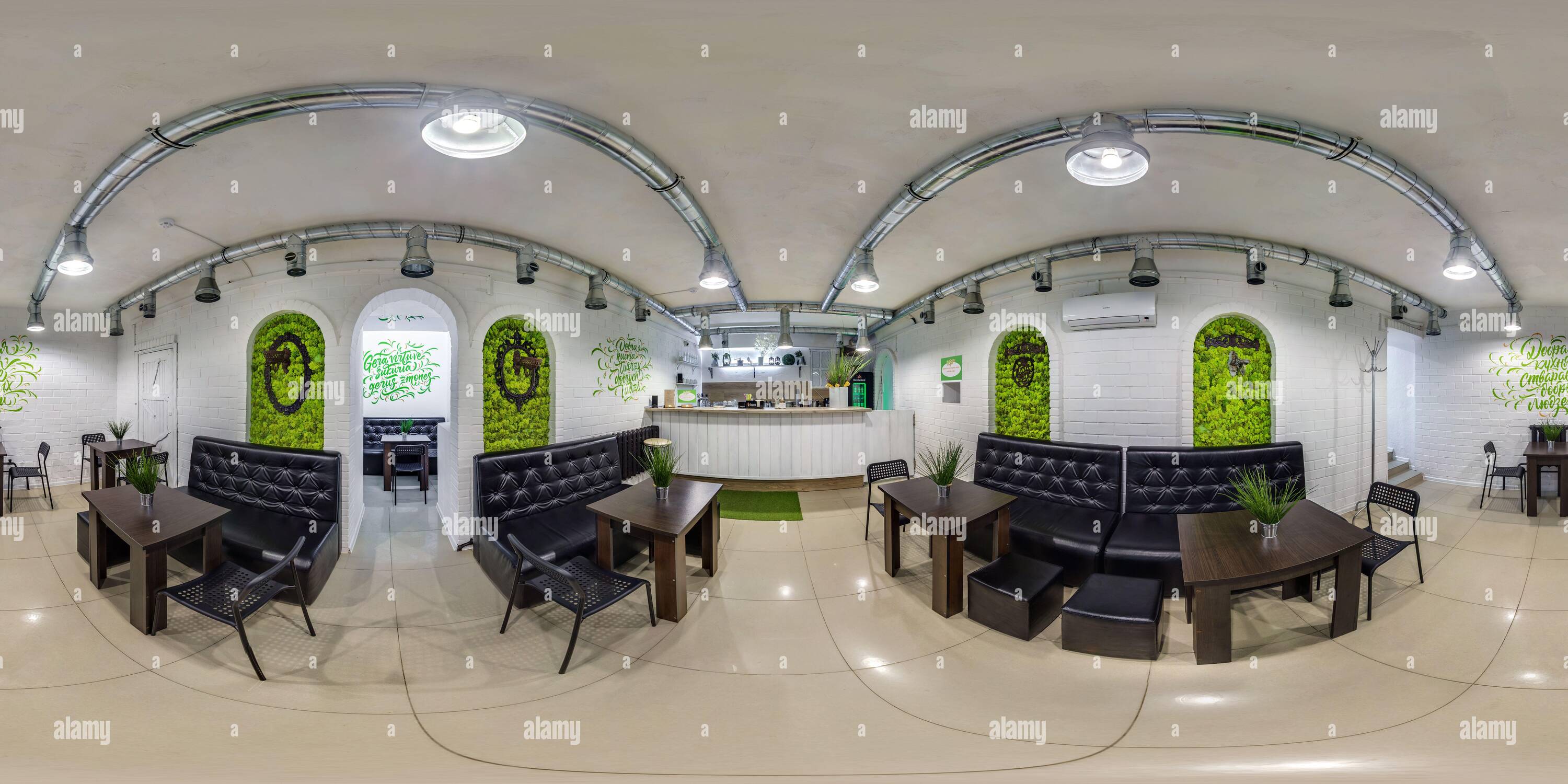 360 degree panoramic view of MINSK, BELARUS - MAY 2019:  seamless spherical hdri panorama 360 degrees angle inside interior of stylish vintage cafe coffee bar in equirectangular p