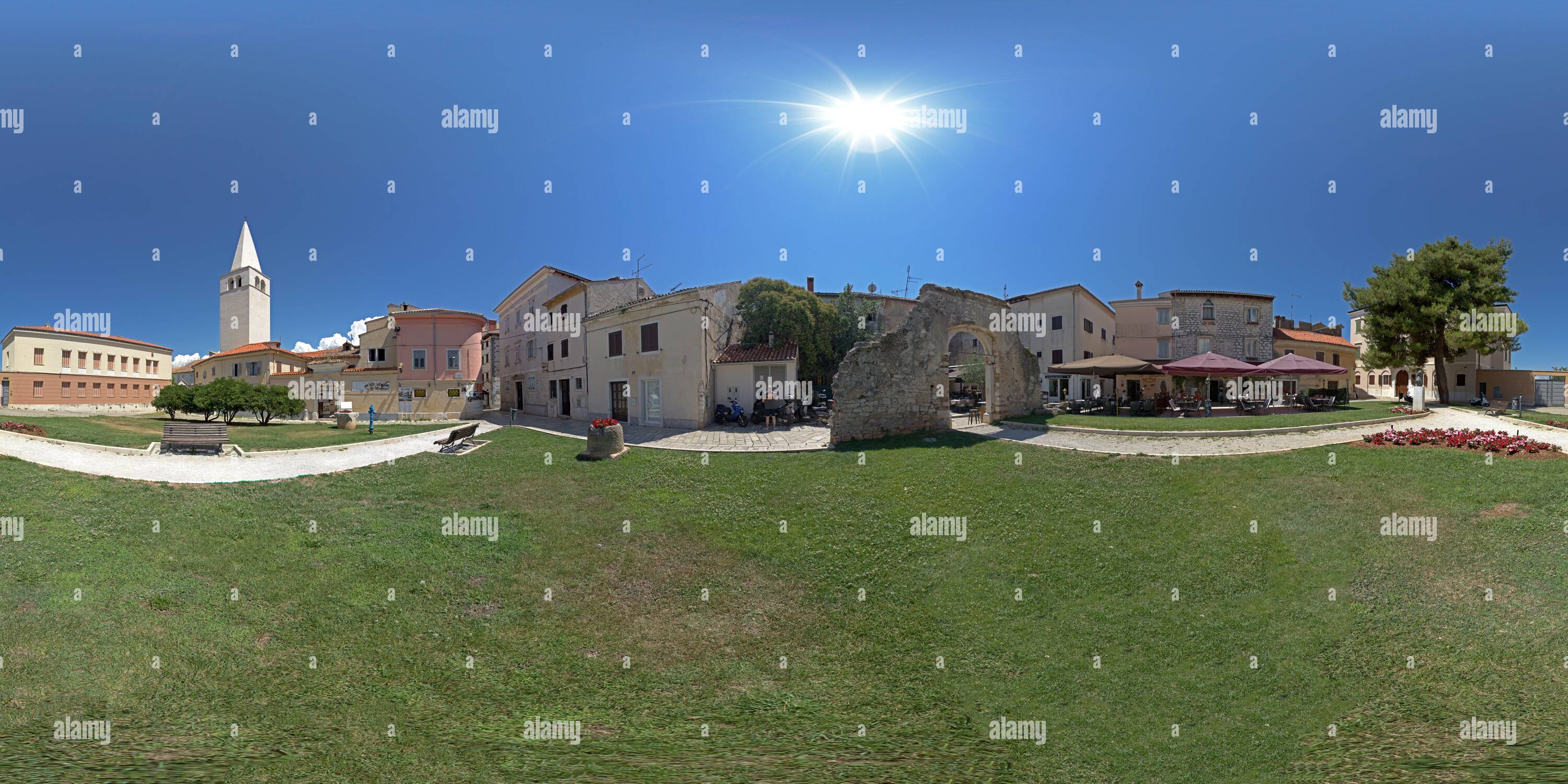360 degree panoramic view of 360 degree photo, park near the Euphrasian Basilica, Porec, Istria, Croatia