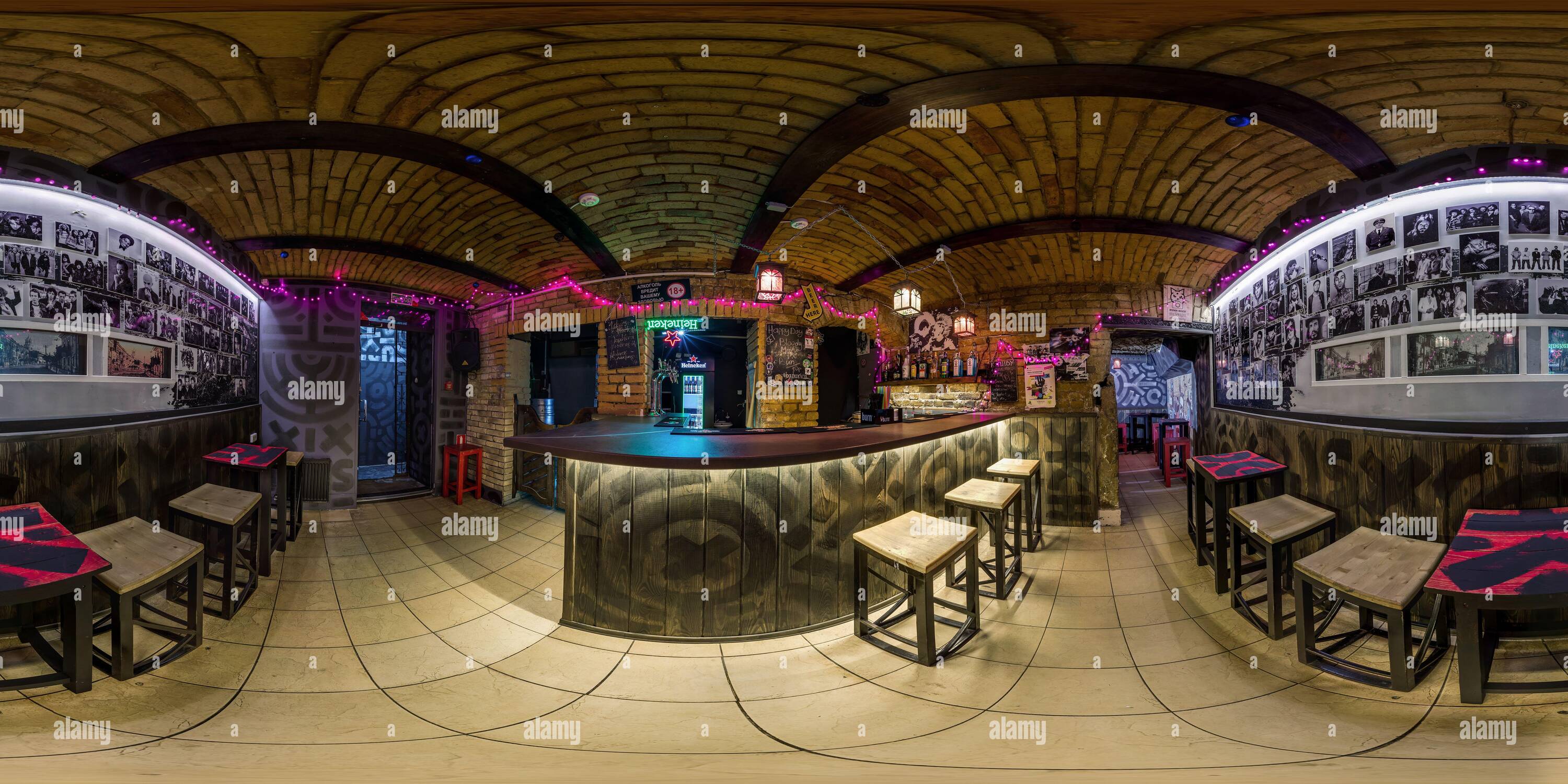 360 degree panoramic view of GRODNO, BELARUS - NOVEMBER, 2018: Full spherical seamless panorama 360 degrees in interior stylish nightclub bar in basement with arches in equirectan