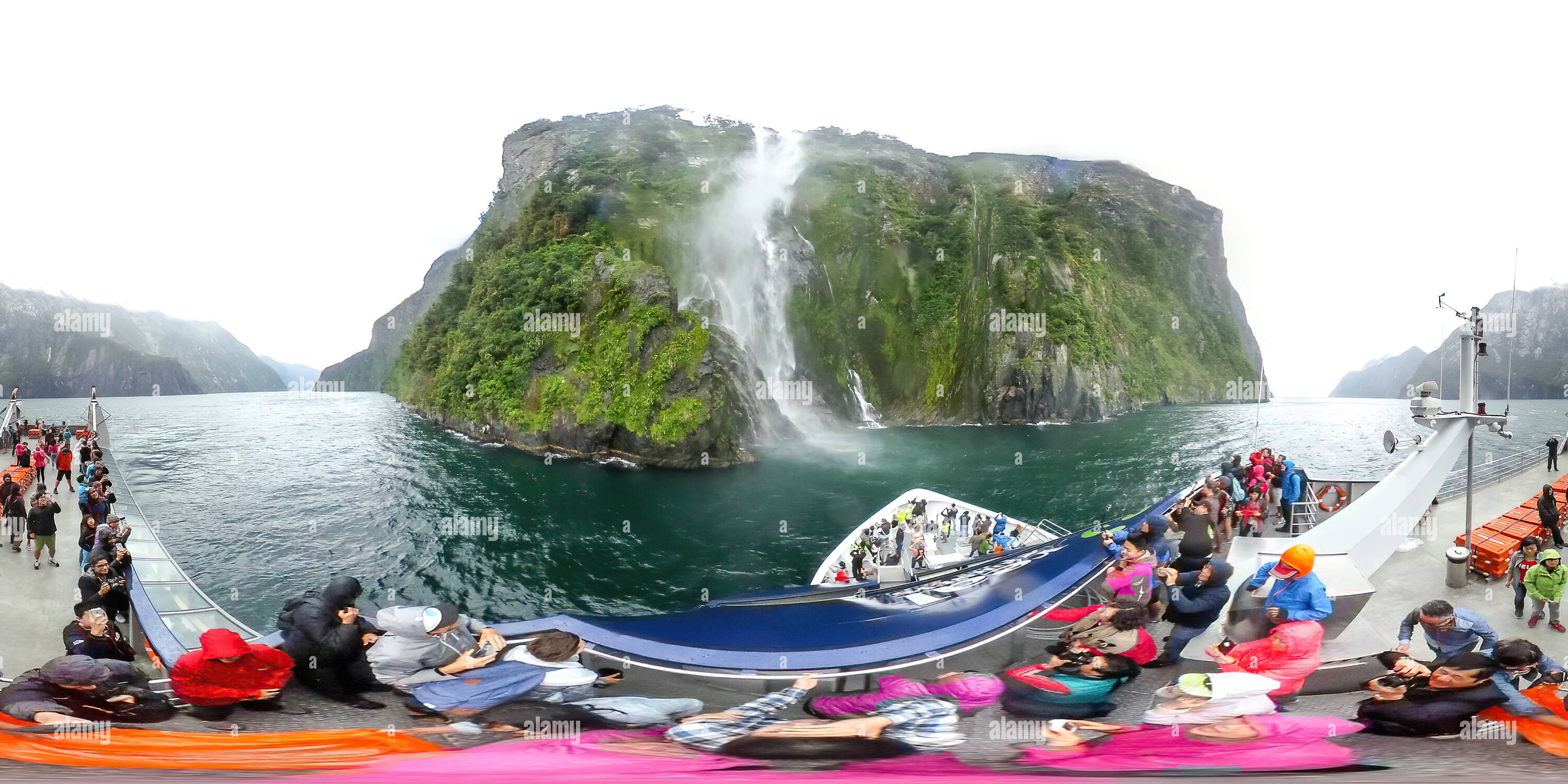 360 degree panoramic view of Stirling Falls, Milford Sound, Fiordland National Park, New Zealand